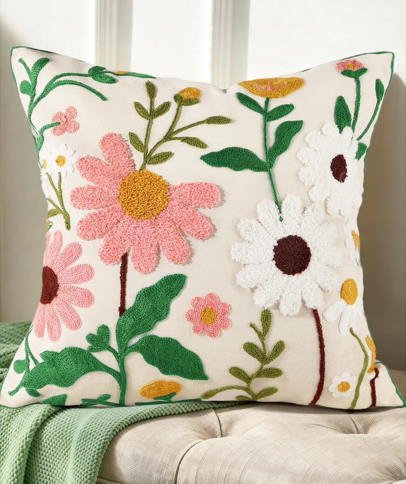 Embroidered Throw Pillow Cover - 18x18 Decorative Pillow Cover with Zipper Aesthetic Cute Design Boho Spring Summer Cozy Throw Pillowcase for Living Room Couch Sofa Bed, Plants