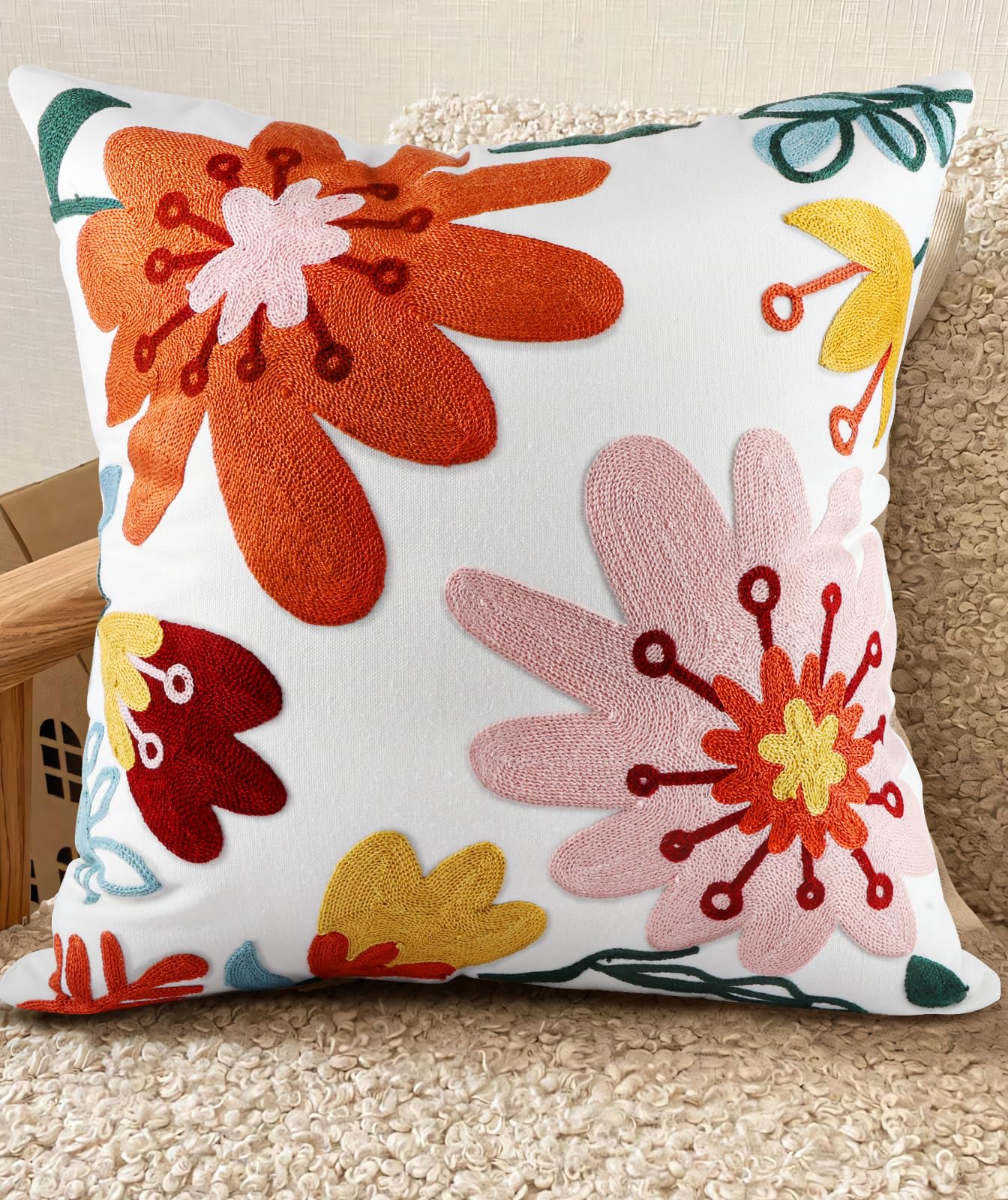 Embroidered Throw Pillow Cover - 18x18 Decorative Pillow Cover with Zipper Aesthetic Cute Design Boho Spring Summer Cozy Throw Pillowcase for Living Room Couch Sofa Bed, Plants