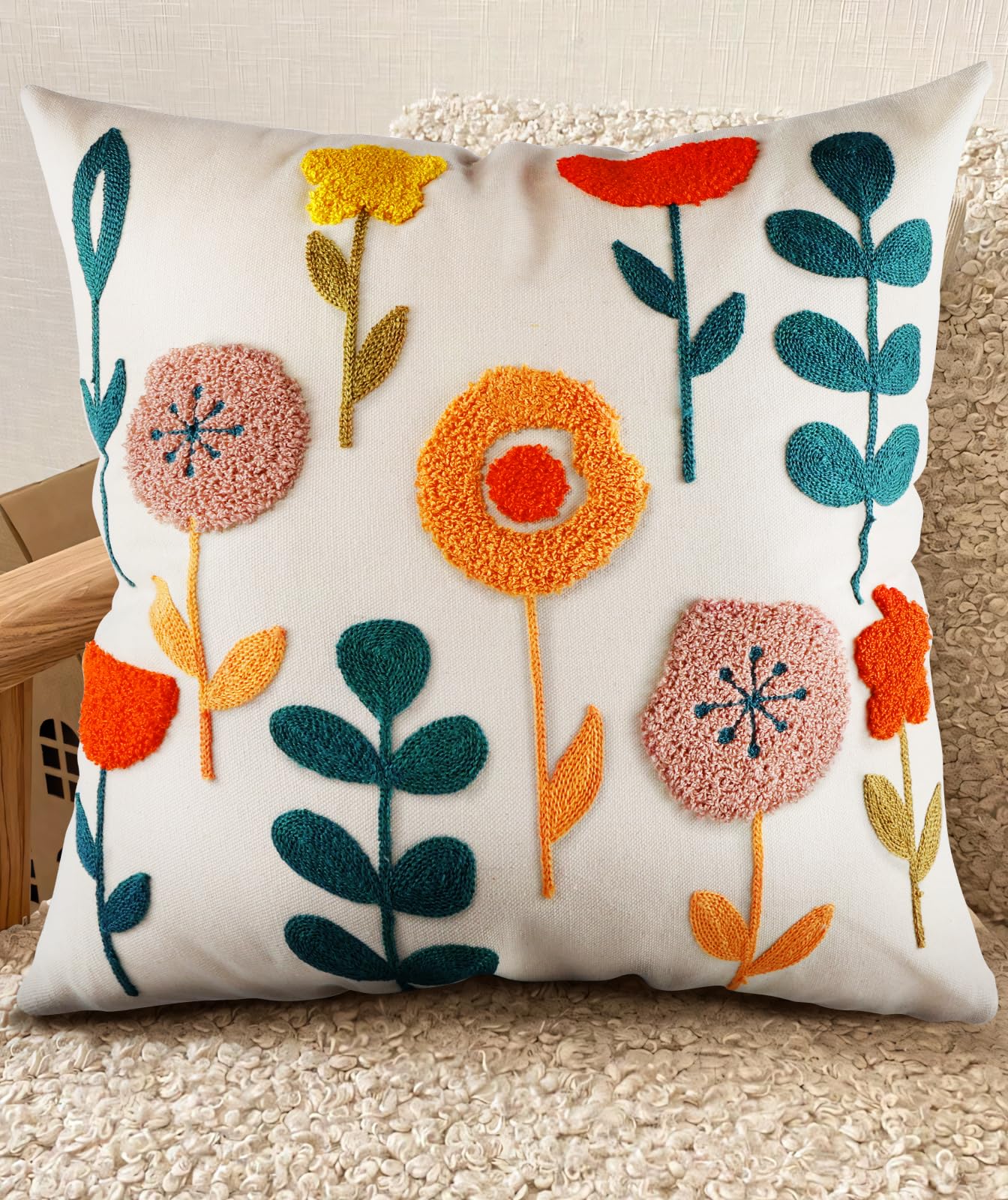 Embroidered Throw Pillow Cover - 18x18 Decorative Pillow Cover with Zipper Aesthetic Cute Design Boho Spring Summer Cozy Throw Pillowcase for Living Room Couch Sofa Bed, White Daisy