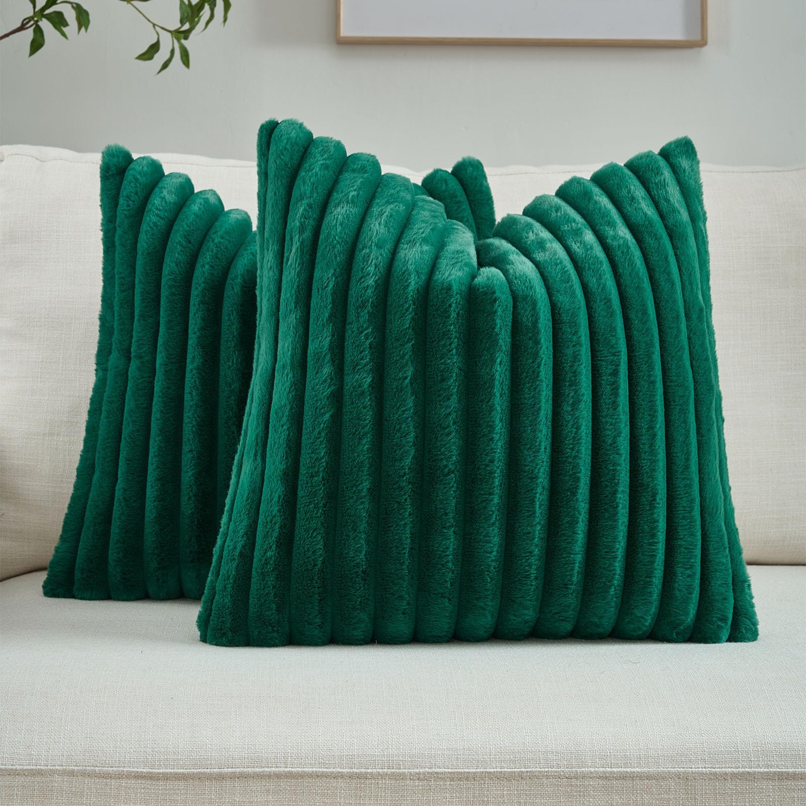 FUTEI Pack of 2 Solid Faux Fur Plush Throw Pillow Covers 18x18 Inch Soft Fluffy Striped Decorative Cushion Cases Modern Farmhouse Accent for Couch Bed Living Room, Cream White