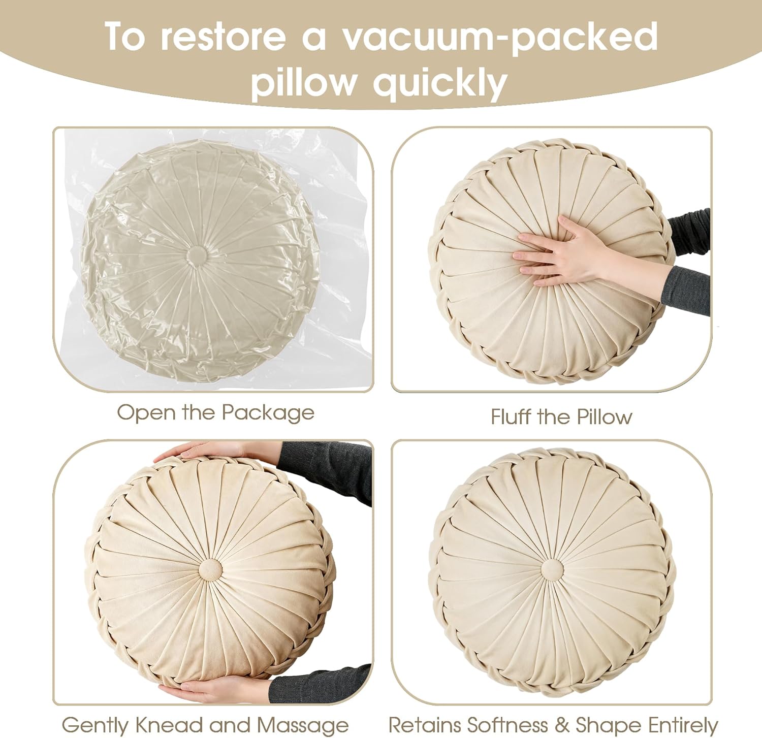 ROSE&RISY Round Pleated Velvet Throw Pillow, 1 Pack Decorative Accent Pumpkin Pillow Cushion for Couch Sofa Chair Bed Car Home Decor (14.5 Inch, Cream)