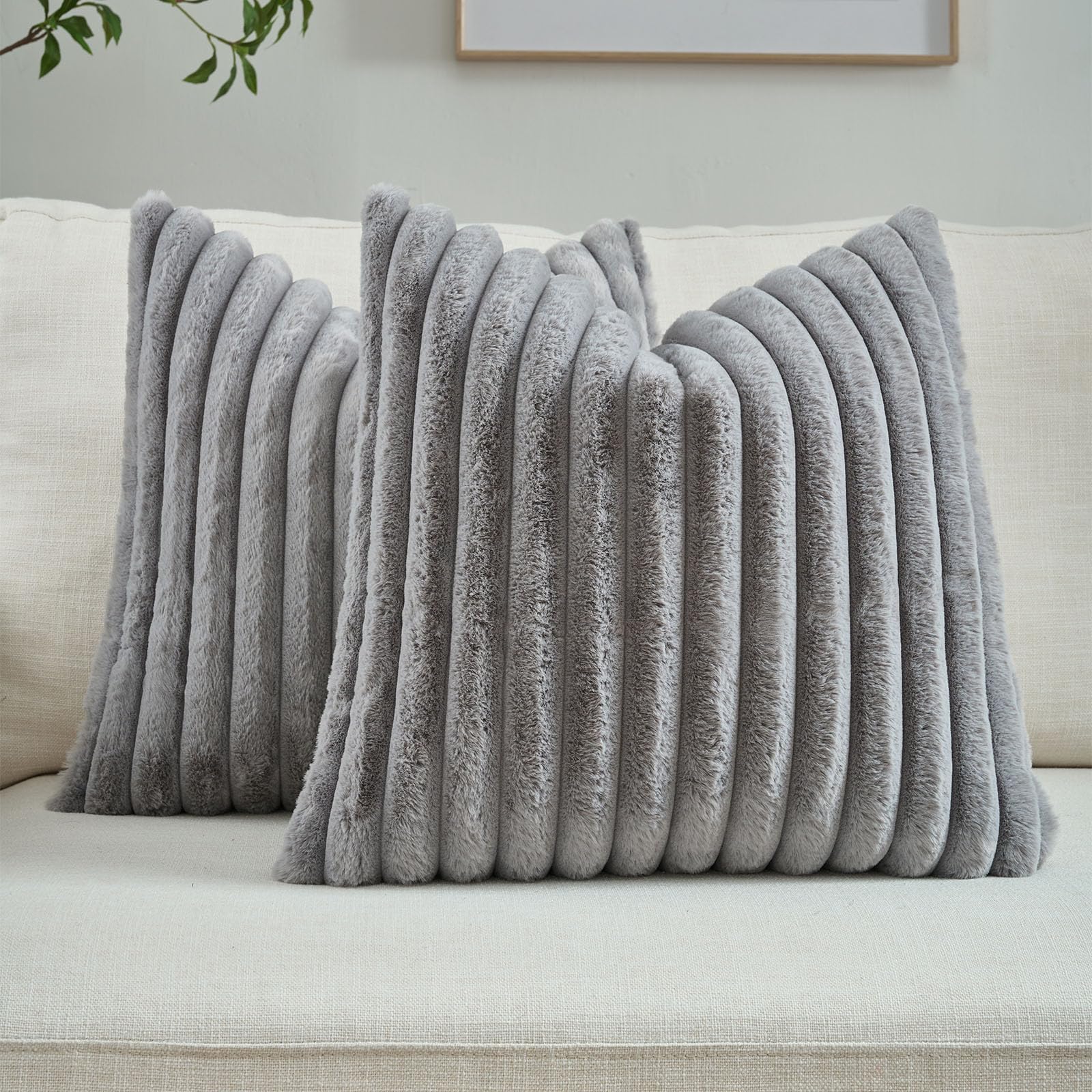 FUTEI Pack of 2 Solid Faux Fur Plush Throw Pillow Covers 18x18 Inch Soft Fluffy Striped Decorative Cushion Cases Modern Farmhouse Accent for Couch Bed Living Room, Cream White