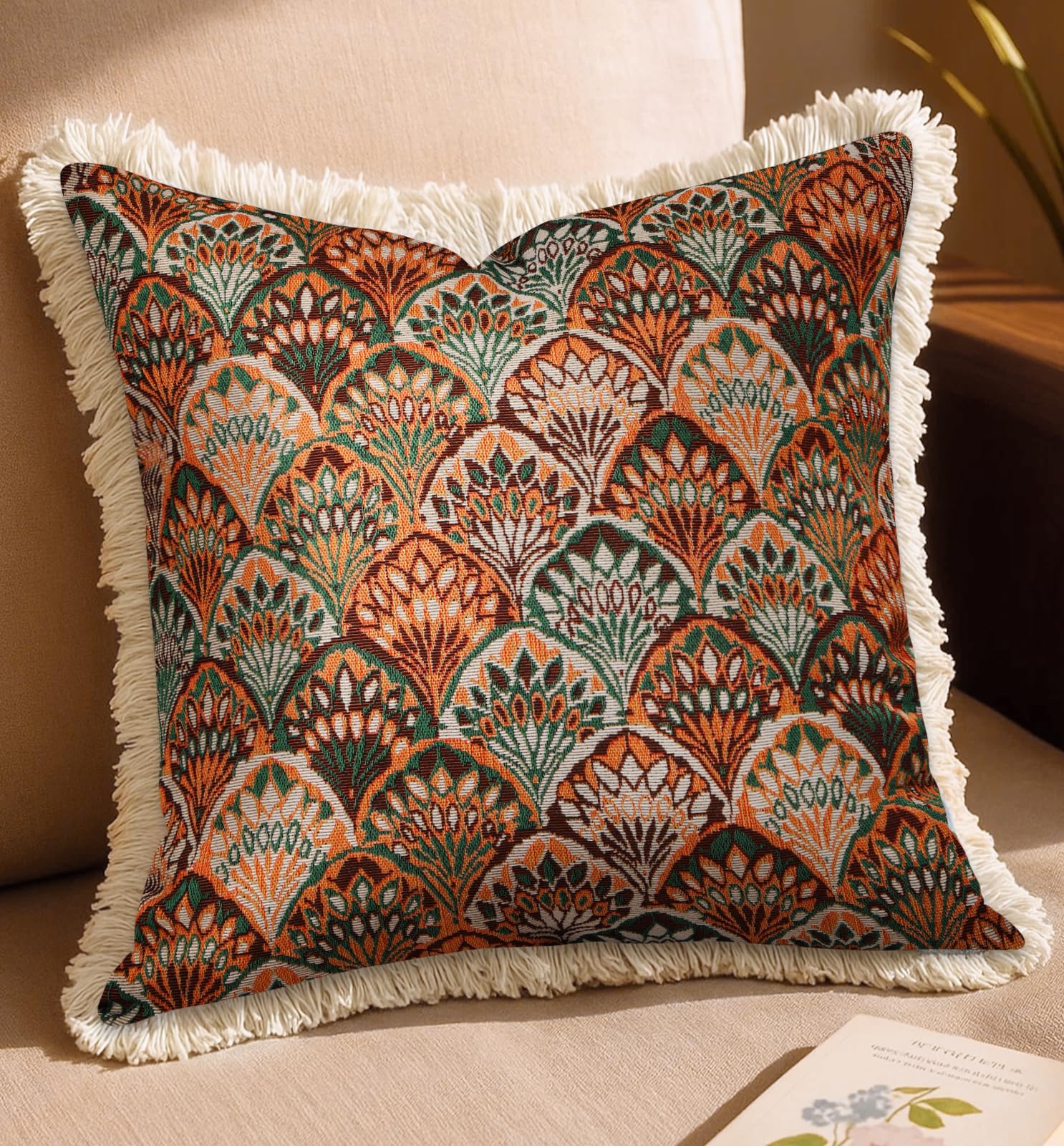 Decorative Throw Pillow Cover 18x18 - Vintage Pillowcovers with Fringe Bird Flower Cute Embroidered Pillow Case with Zipper for Living Room Couch Sofa Bed Rustic Boho Design Abstract