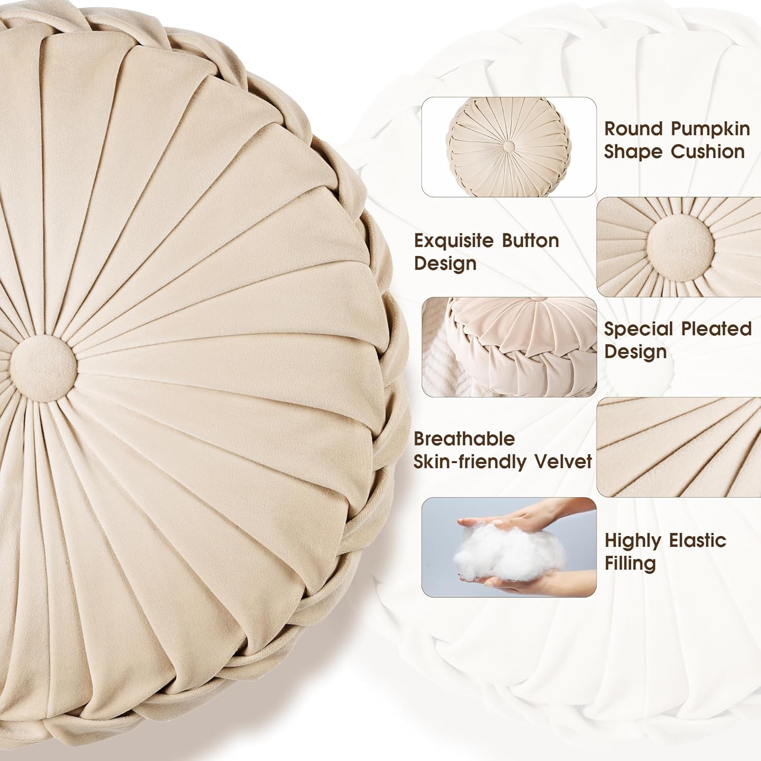 ROSE&RISY Round Pleated Velvet Throw Pillow, 1 Pack Decorative Accent Pumpkin Pillow Cushion for Couch Sofa Chair Bed Car Home Decor (14.5 Inch, Cream)