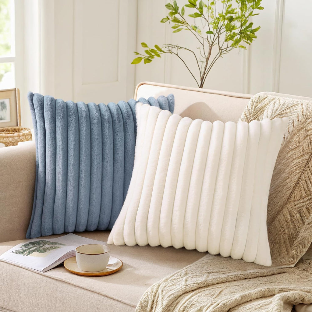 Pallene Faux Fur Plush Throw Pillow Covers 18x18 Set of 2, Luxury Soft Fluffy Striped Decorative Pillow Covers for Sofa, Couch, Living Room, Blue Grey