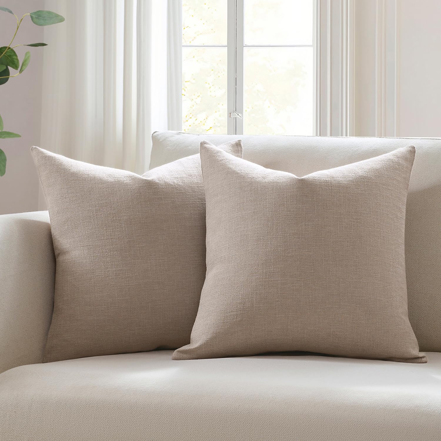 Meekio Set of 2 Ivory Throw Pillow Covers 22x22, Modern Farmhouse Linen Blend Decorative Pillow Covers for Couch Sofa Bed, Neutral Home Decor