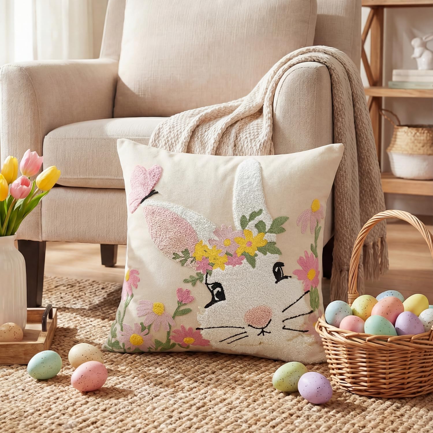 AVOIN colorlife Easter Spring Rabbit Floral Embroidered Throw Pillow Covers, 18 x 18 Inch Butterfly Flowers Tufted Patterned Linen Decoration Cushion Case for Sofa Couch Set of 2