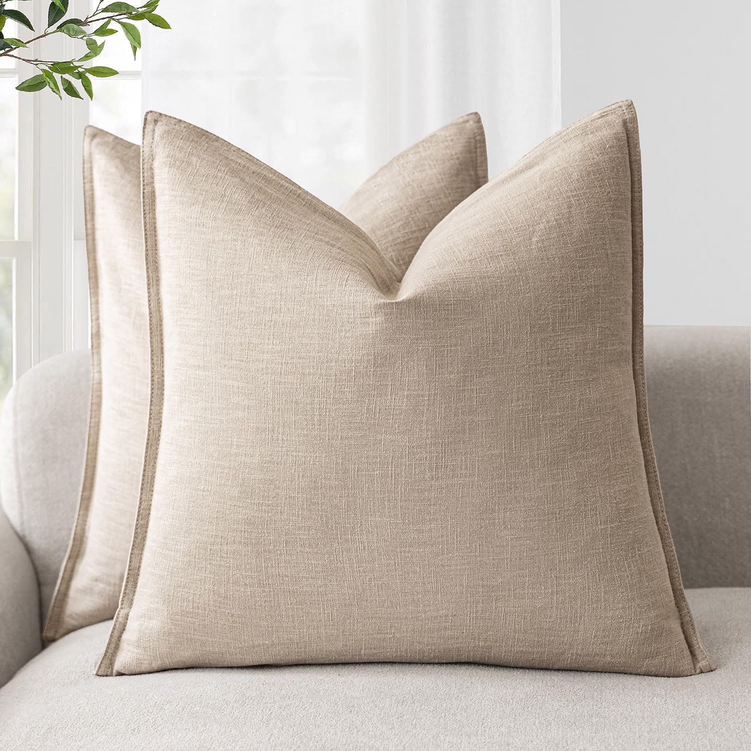 Foindtower Set of 2, Decorative Linen Soild Throw Pillow Covers Soft Accent Cushion Euro Case Boho Farmhouse Pillowcase for Chair Couch Sofa Bedroom Living Room Home Decor 20 x 20 Inch Natural Linen