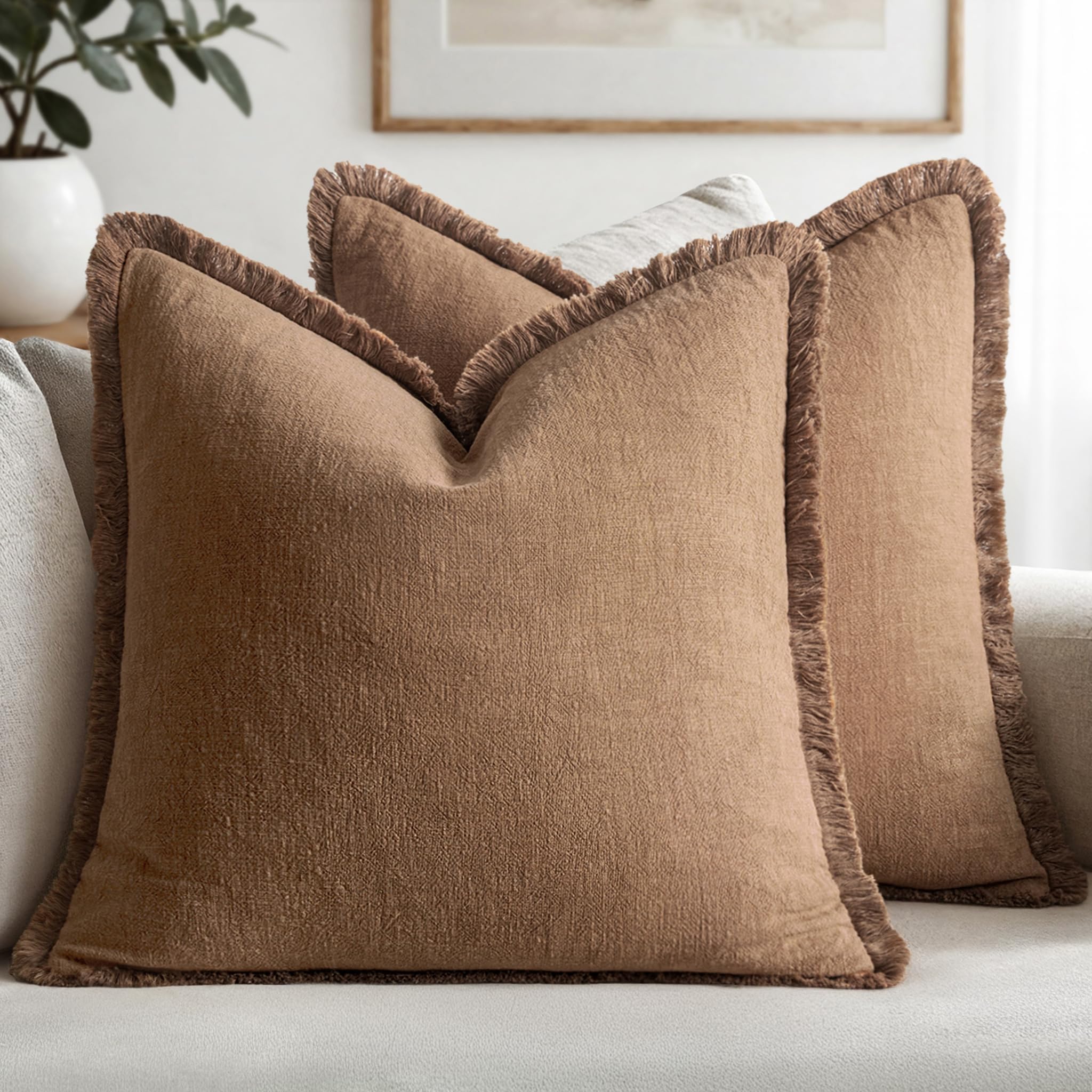 MIULEE Decorative Throw Pillow Covers Neutral Linen Fringe Throw Pillows Set of 2 Natural Beige Boho Farmhouse Cushion Covers with Tassels for Couch Sofa Bed Spring Home Decor 20x20 Inch