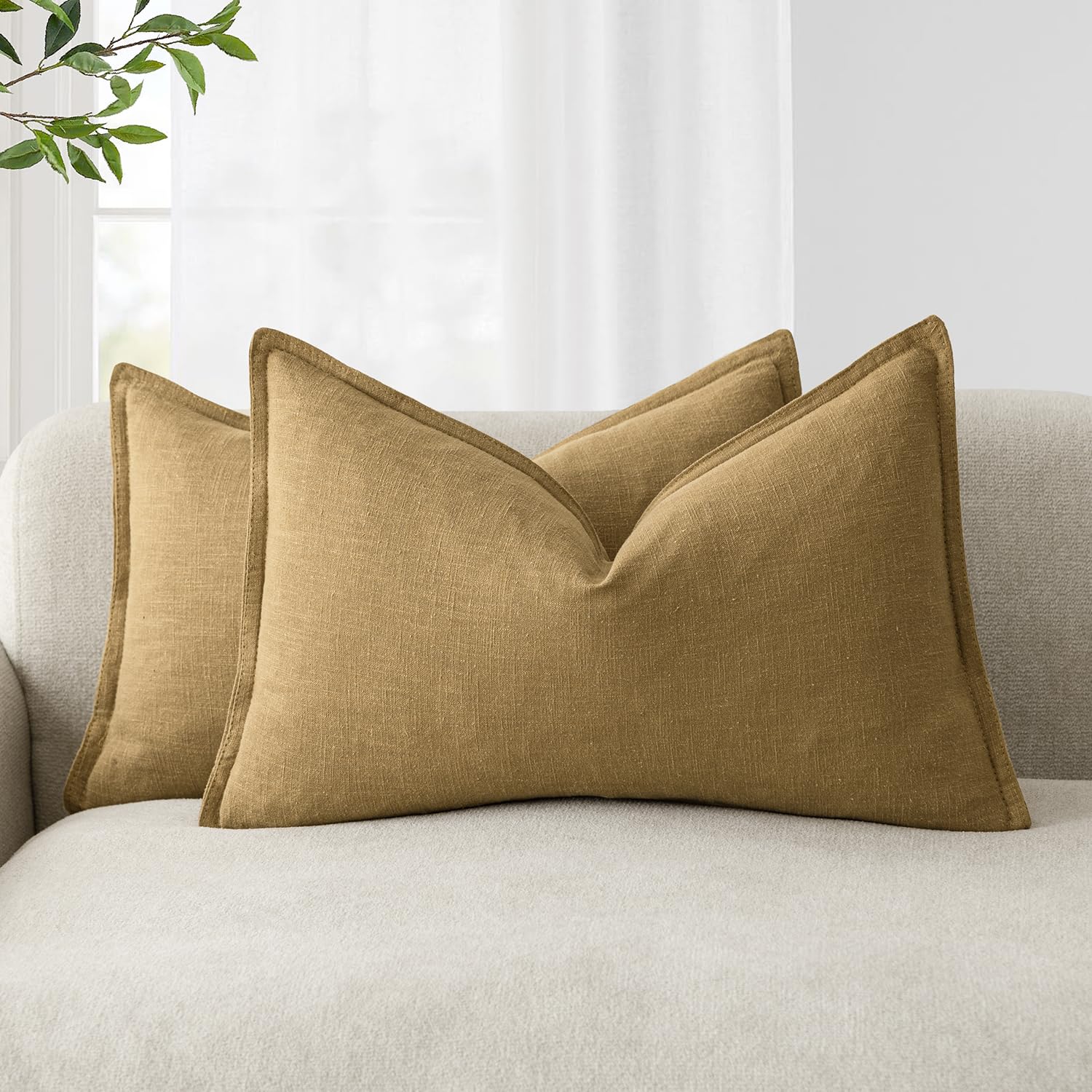 Foindtower Set of 2, Decorative Linen Soild Throw Pillow Covers Soft Accent Cushion Euro Case Boho Farmhouse Pillowcase for Chair Couch Sofa Bedroom Living Room Home Decor 20 x 20 Inch Natural Linen