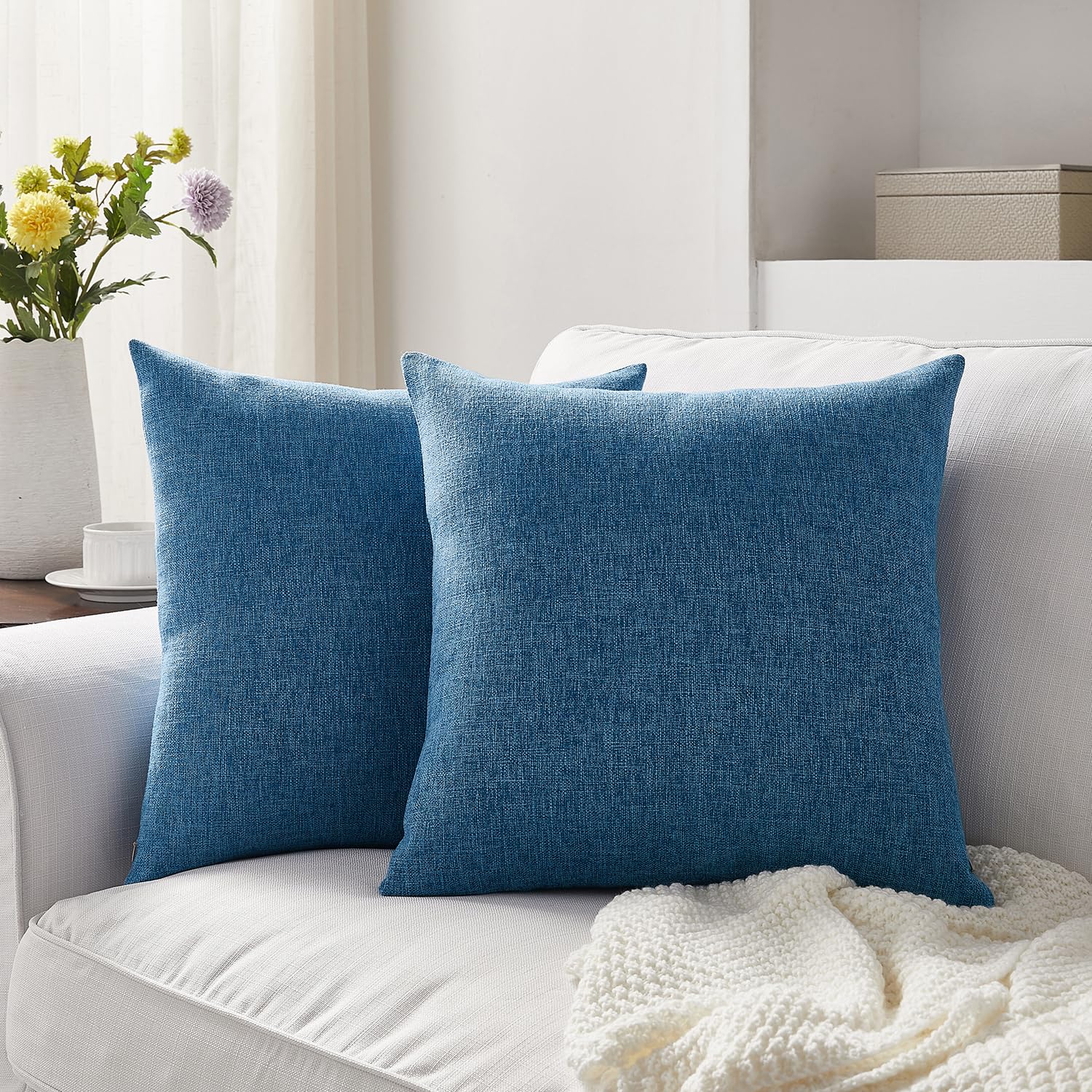 Meekio Set of 2 Ivory Throw Pillow Covers 22x22, Modern Farmhouse Linen Blend Decorative Pillow Covers for Couch Sofa Bed, Neutral Home Decor