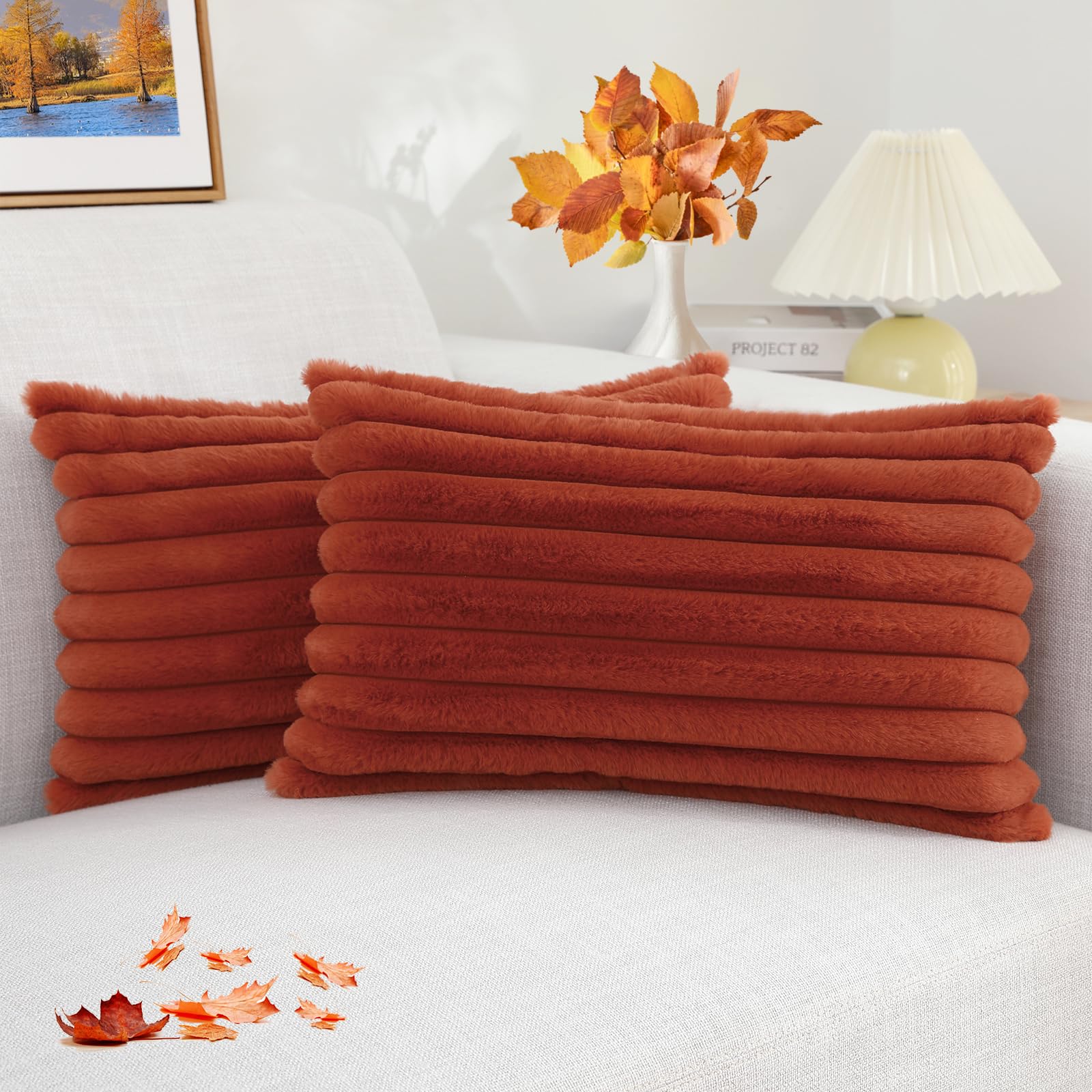 decorUhome Summer Cozy Faux Fur Throw Pillow Covers 18x18 Set of 2 Decorative Soft Plush Striped Modern Farmhouse Boho Couch Pillow Cases with Velvet Back for Sofa Bed Living Room, Cream White