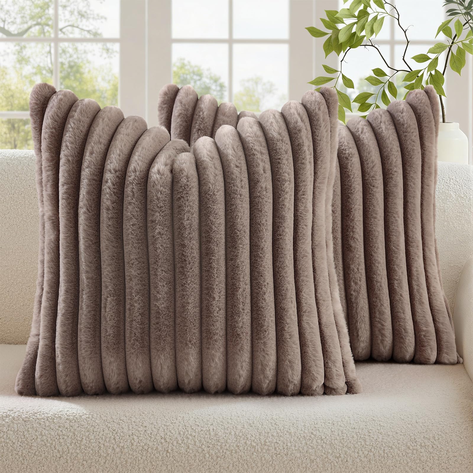 decorUhome Summer Cozy Faux Fur Throw Pillow Covers 18x18 Set of 2 Decorative Soft Plush Striped Modern Farmhouse Boho Couch Pillow Cases with Velvet Back for Sofa Bed Living Room, Cream White