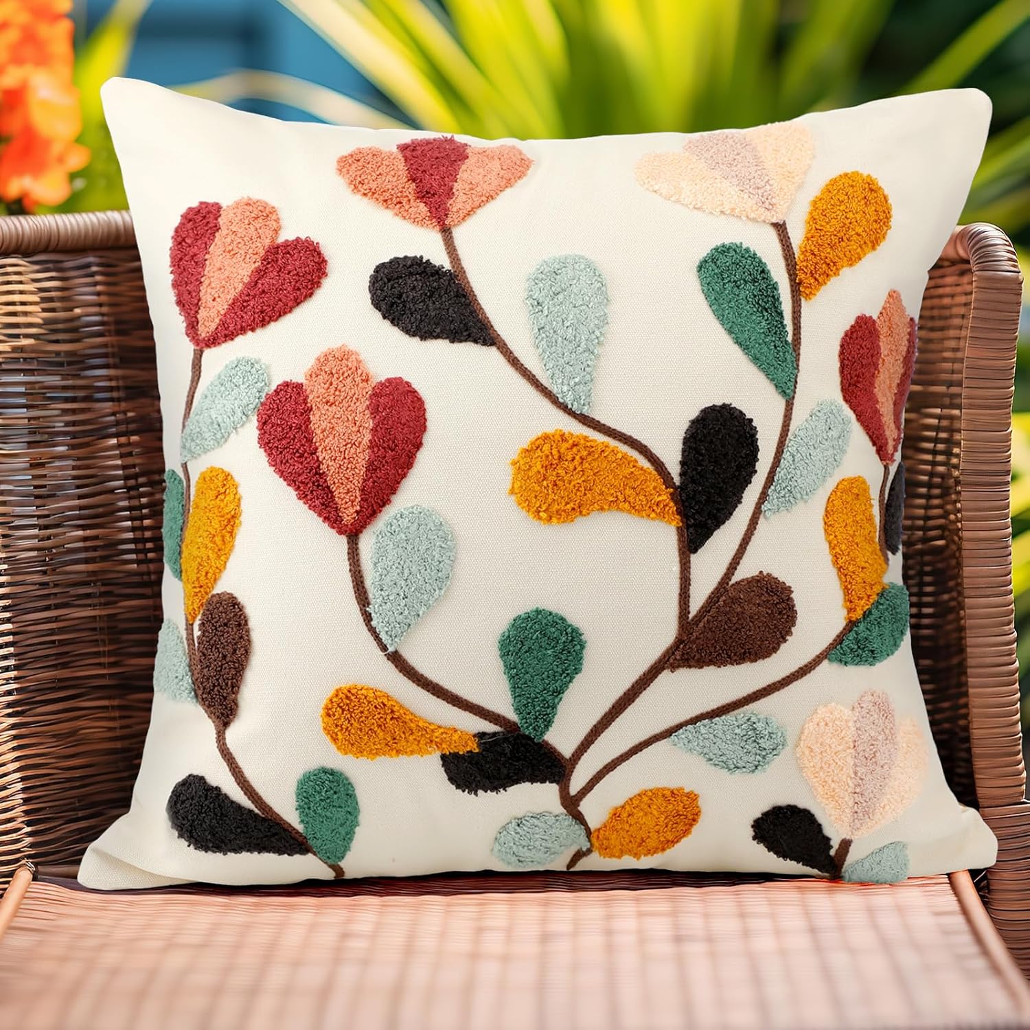 FuWeave 2 Pcs Boho Floral Embroidered Decorative Throw Pillow Covers with Zipper 18 x 18 Inch Colorful Boho Embroidered Pillow Covers Aesthetic Decor for Couch Sofa Housewarming Gifts