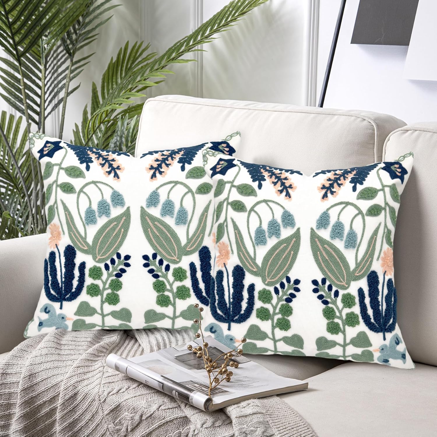 Alysheer Spring Floral Embroidered Decorative Throw Pillow Covers 18"x 18" Set of 2, Farmhouse Navy Blue Flowers Green Leaves Tufted Patterned Cotton Cushion Cases for Couch Bed Living Room Decor