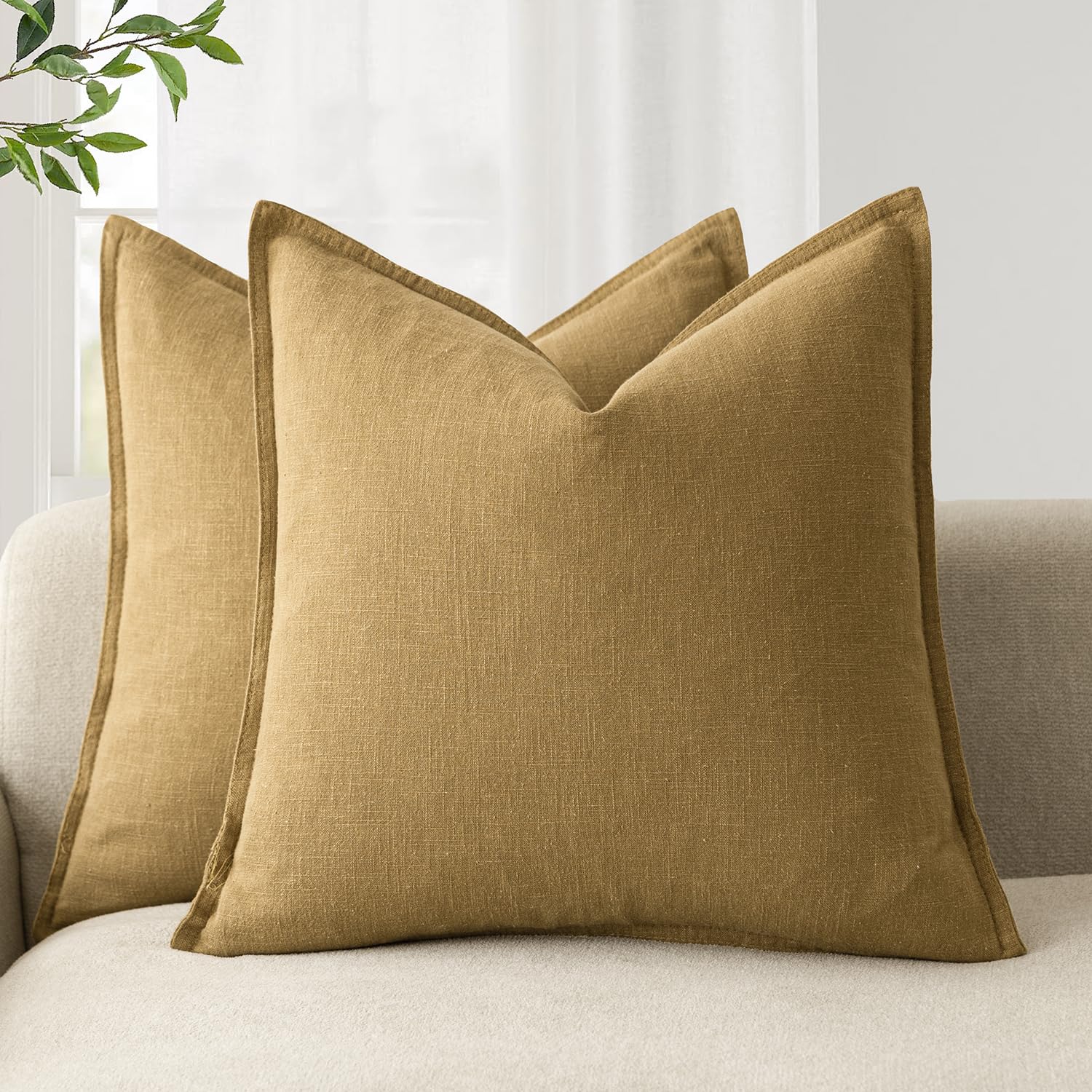 Foindtower Set of 2, Decorative Linen Soild Throw Pillow Covers Soft Accent Cushion Euro Case Boho Farmhouse Pillowcase for Chair Couch Sofa Bedroom Living Room Home Decor 20 x 20 Inch Natural Linen
