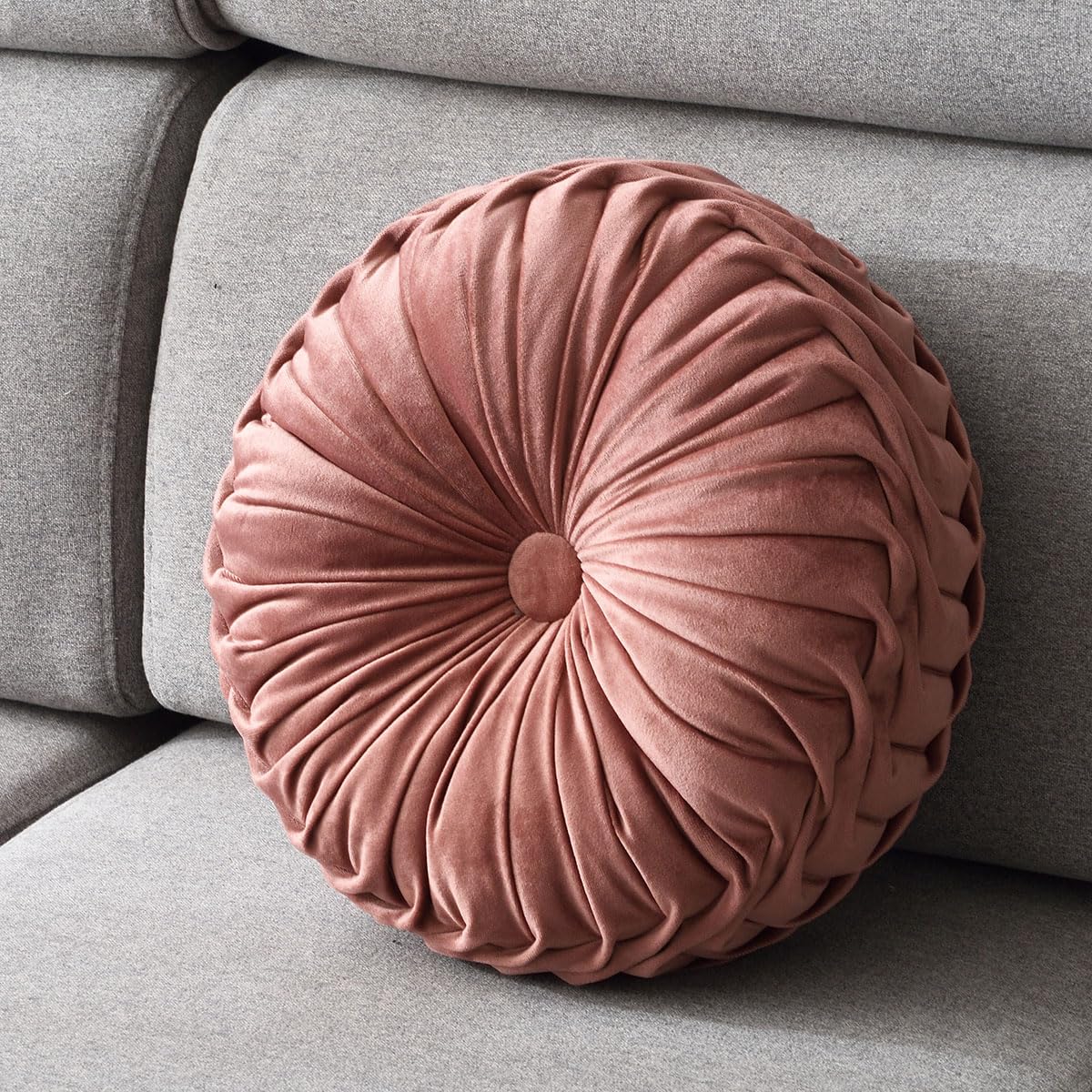 Round Throw Pillow Velvet 1 Pcs 14.17" Home Decoration Pleated 3D Pumpkin Pillow Cushion for Couch Chair Bed Car (Caramel Color)