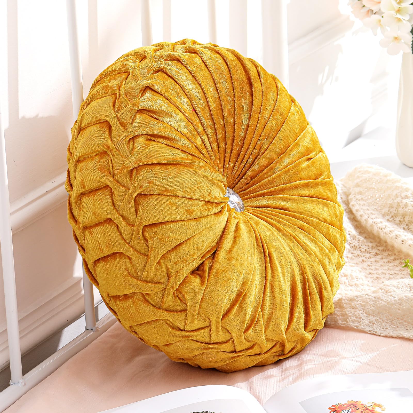 Drydiet 1 Pcs Round Throw Velvet Pillows Decorative Pleated Throw Pillows 15'' Diameter Accent Pumpkin Boho Chair Cushion for Couch Sofa Home Decoration (Olive Green)