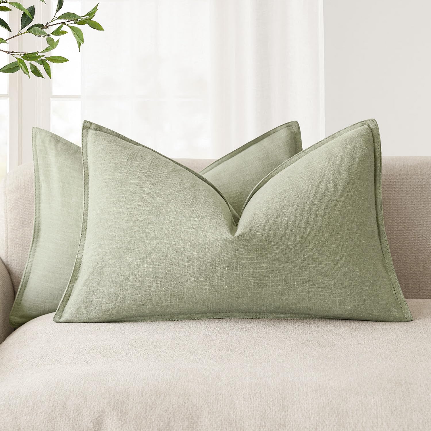 Foindtower Set of 2, Decorative Linen Soild Throw Pillow Covers Soft Accent Cushion Euro Case Boho Farmhouse Pillowcase for Chair Couch Sofa Bedroom Living Room Home Decor 20 x 20 Inch Natural Linen