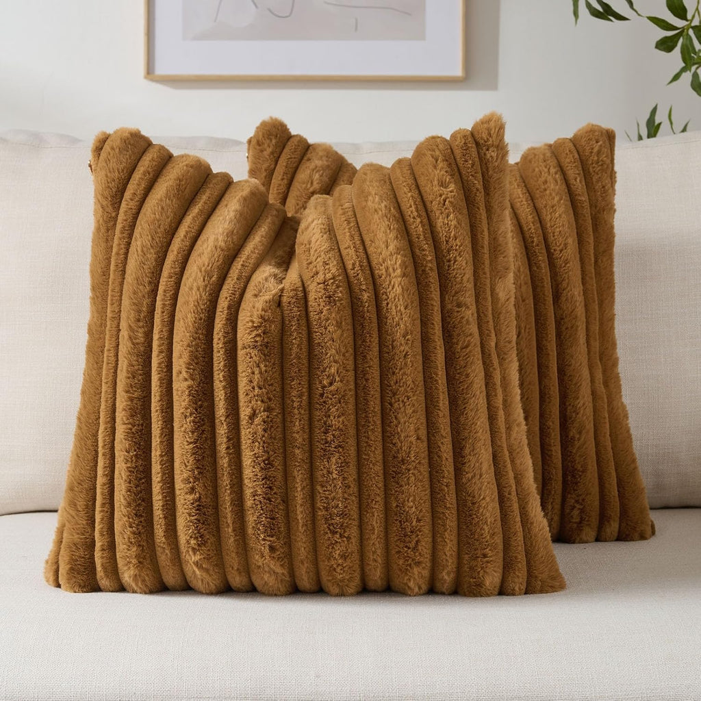 FUTEI Camel Decorative Throw Pillow Covers 18x18 Inch Set of 2,Soft Fluffy Faux Rabbit Fur Thick & Thin Striped Textured Cushion Case,Modern Home Decor for Couch Bed Living Room