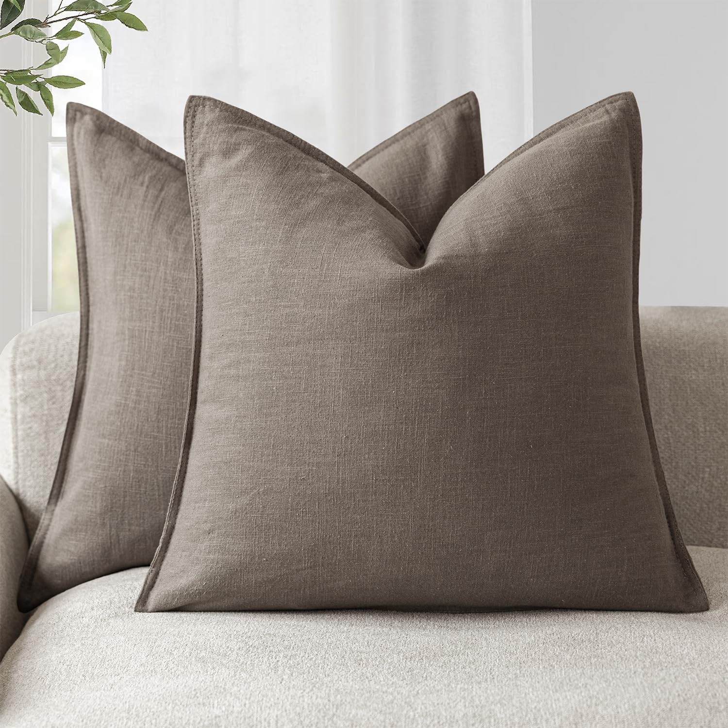 Foindtower Set of 2, Decorative Linen Soild Throw Pillow Covers Soft Accent Cushion Euro Case Boho Farmhouse Pillowcase for Chair Couch Sofa Bedroom Living Room Home Decor 20 x 20 Inch Natural Linen