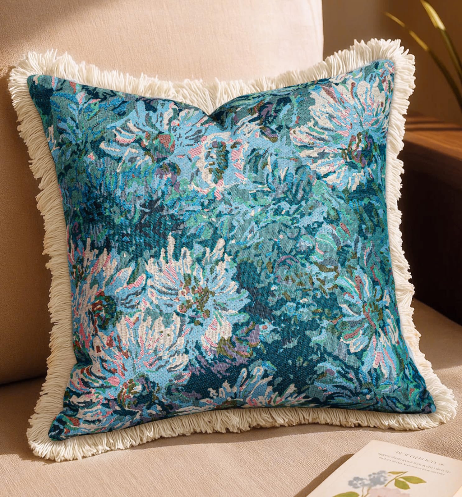 Decorative Throw Pillow Cover 18x18 - Vintage Pillowcovers with Fringe Bird Flower Cute Embroidered Pillow Case with Zipper for Living Room Couch Sofa Bed Rustic Boho Design Abstract