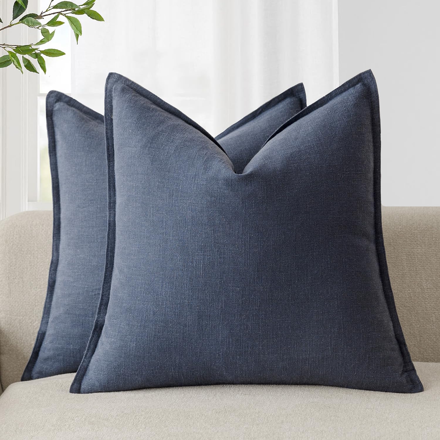 Foindtower Set of 2, Decorative Linen Soild Throw Pillow Covers Soft Accent Cushion Euro Case Boho Farmhouse Pillowcase for Chair Couch Sofa Bedroom Living Room Home Decor 20 x 20 Inch Natural Linen