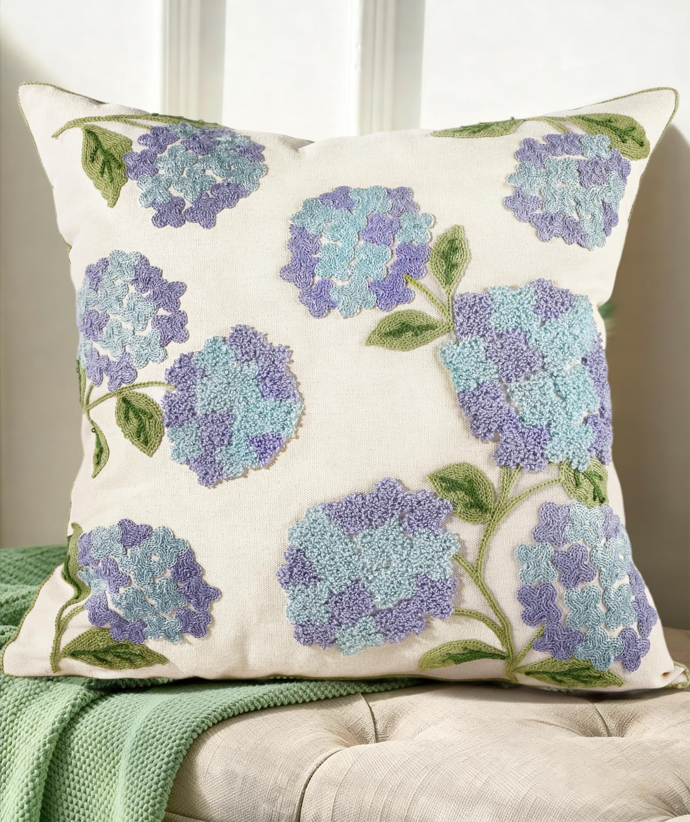 Embroidered Throw Pillow Cover - 18x18 Decorative Pillow Cover with Zipper Aesthetic Cute Design Boho Spring Summer Cozy Throw Pillowcase for Living Room Couch Sofa Bed, Plants