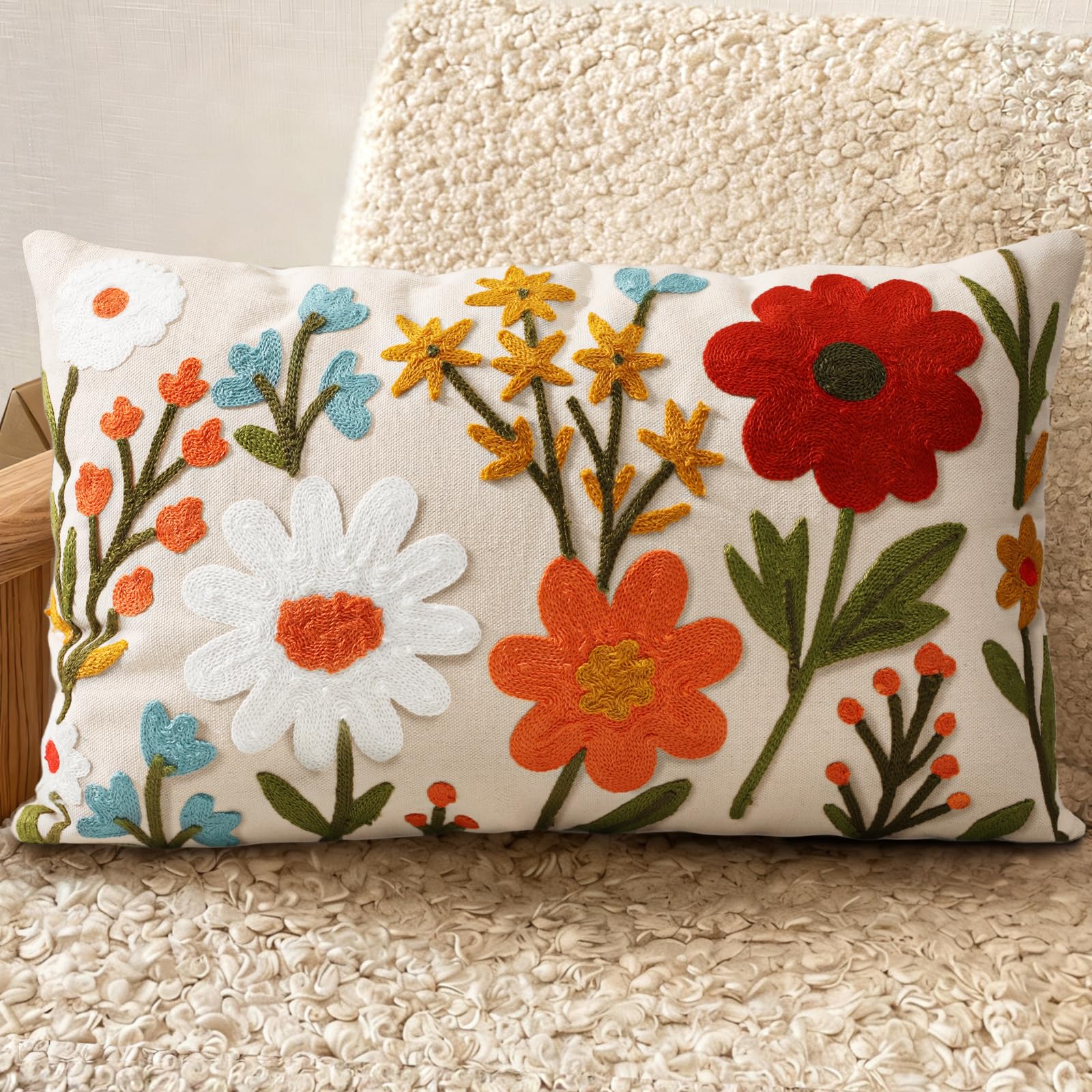 Embroidered Throw Pillow Cover 18x18 Inch - Spring Summer Boho Decorative Pillow Cover with Zipper for Living Room Couch Sofa Bed Aesthetic Design Flower Cluster Cushion Pillowcase