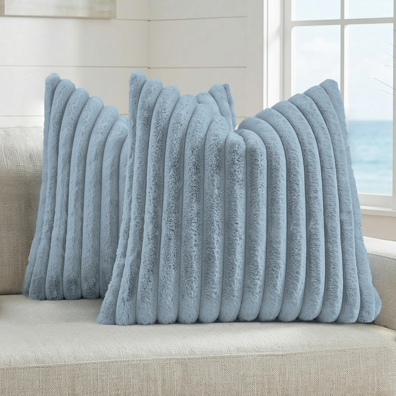 FUTEI Pack of 2 Solid Faux Fur Plush Throw Pillow Covers 18x18 Inch Soft Fluffy Striped Decorative Cushion Cases Modern Farmhouse Accent for Couch Bed Living Room, Cream White