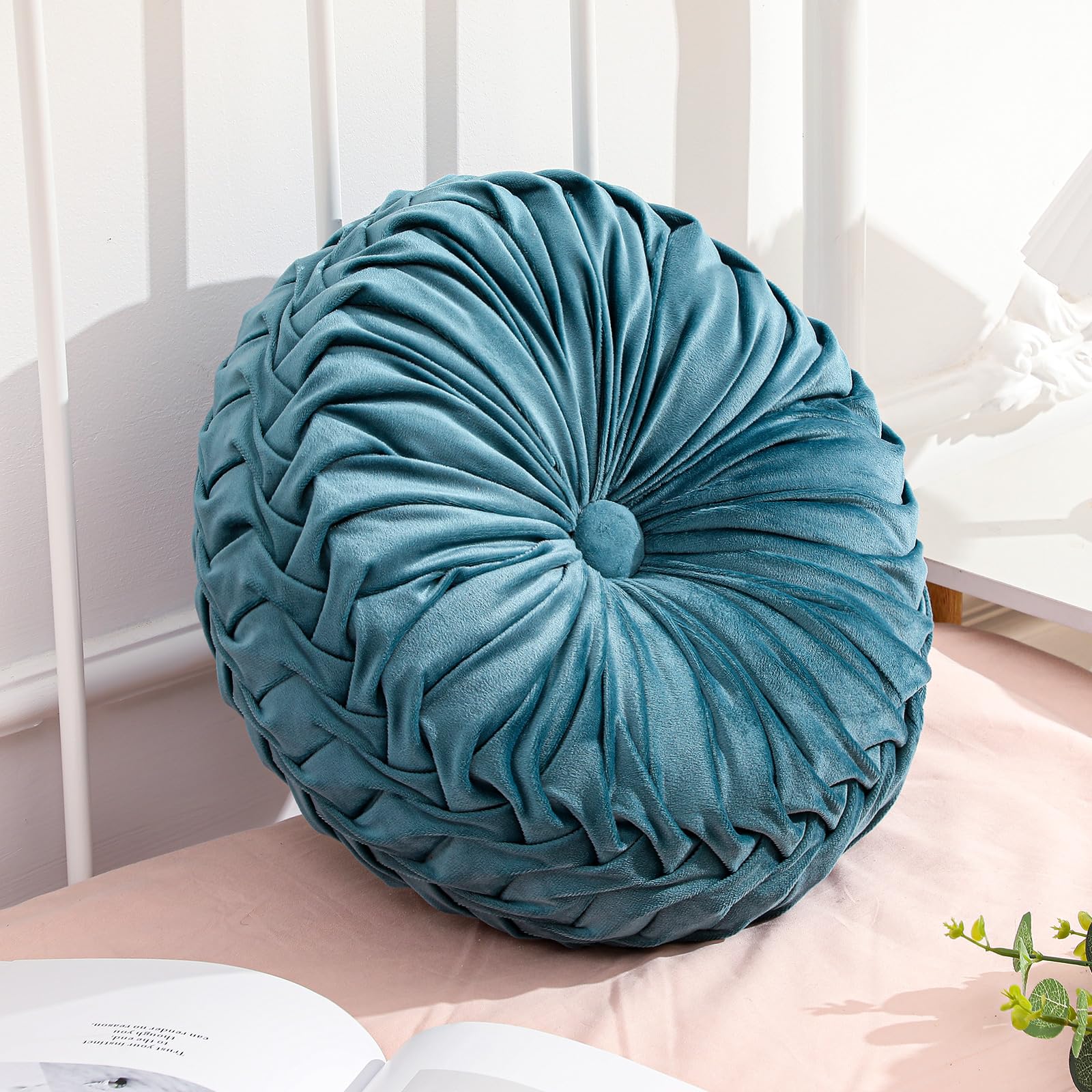 Drydiet 1 Pcs Round Throw Velvet Pillows Decorative Pleated Throw Pillows 15'' Diameter Accent Pumpkin Boho Chair Cushion for Couch Sofa Home Decoration (Olive Green)