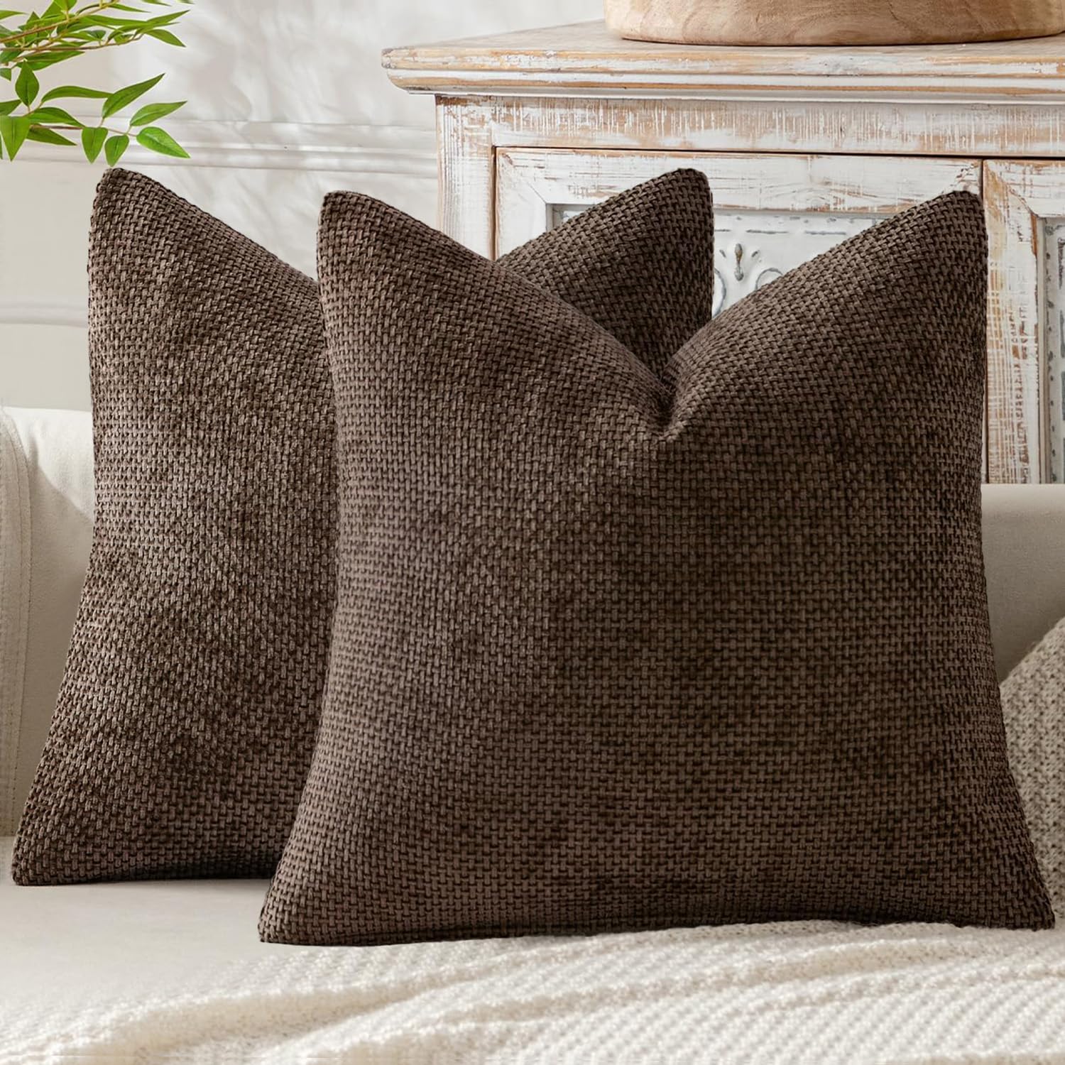 MIULEE Pack of 2 Couch Throw Pillow Covers 18x18 Inch Neutral Beige Modern Boho Accent Decorative Pillow Covers Soft Chenille Farmhouse Cushion Covers for Home Decor Bed Sofa Living Room