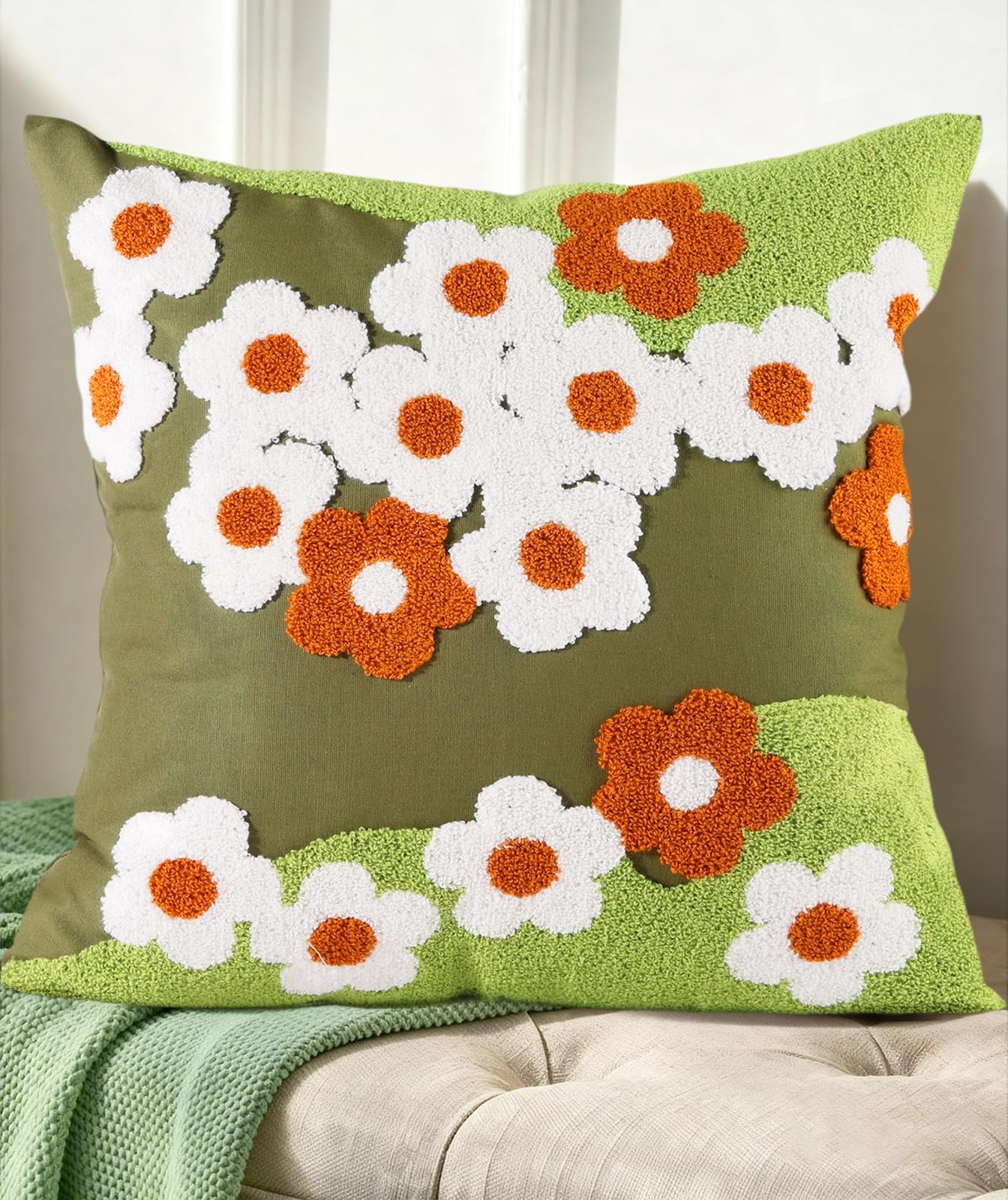 Embroidered Throw Pillow Cover - 18x18 Decorative Pillow Cover with Zipper Aesthetic Cute Design Boho Spring Summer Cozy Throw Pillowcase for Living Room Couch Sofa Bed, White Daisy