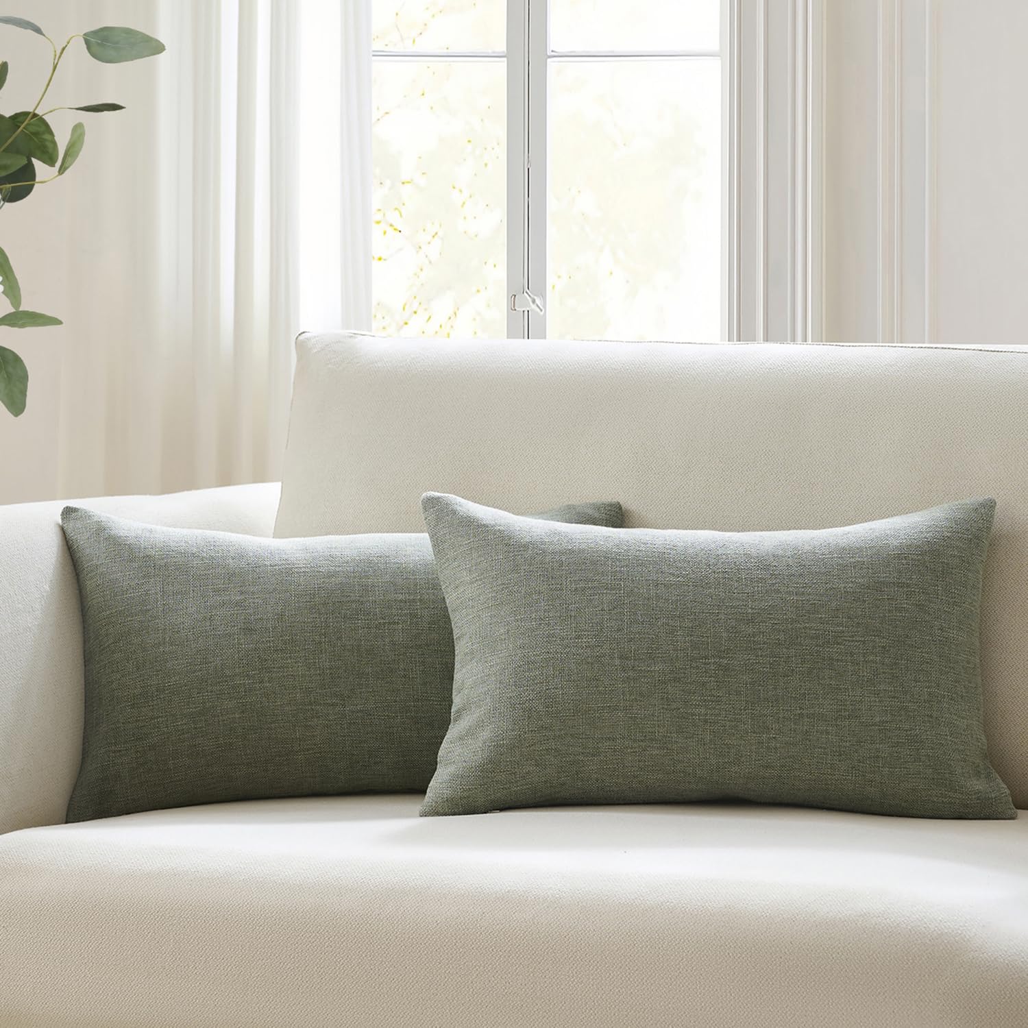 Meekio Set of 2 Ivory Throw Pillow Covers 22x22, Modern Farmhouse Linen Blend Decorative Pillow Covers for Couch Sofa Bed, Neutral Home Decor