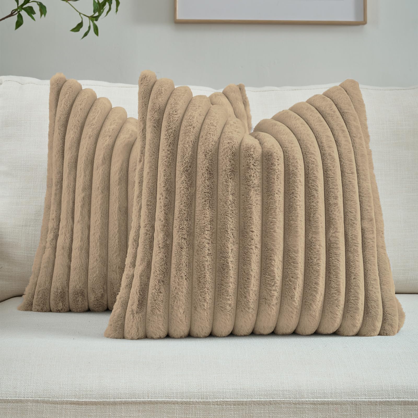 FUTEI Pack of 2 Solid Faux Fur Plush Throw Pillow Covers 18x18 Inch Soft Fluffy Striped Decorative Cushion Cases Modern Farmhouse Accent for Couch Bed Living Room, Cream White