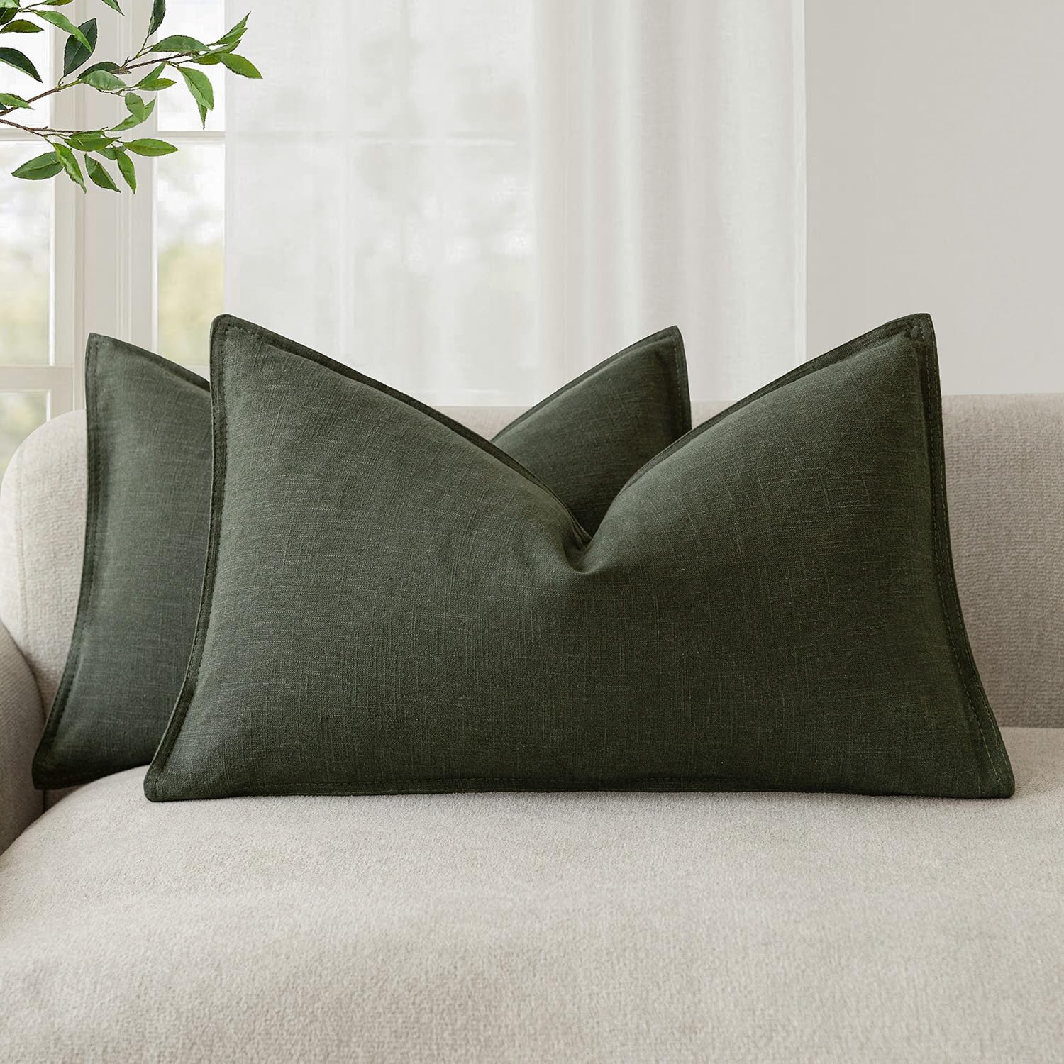 Foindtower Set of 2, Decorative Linen Soild Throw Pillow Covers Soft Accent Cushion Euro Case Boho Farmhouse Pillowcase for Chair Couch Sofa Bedroom Living Room Home Decor 20 x 20 Inch Natural Linen