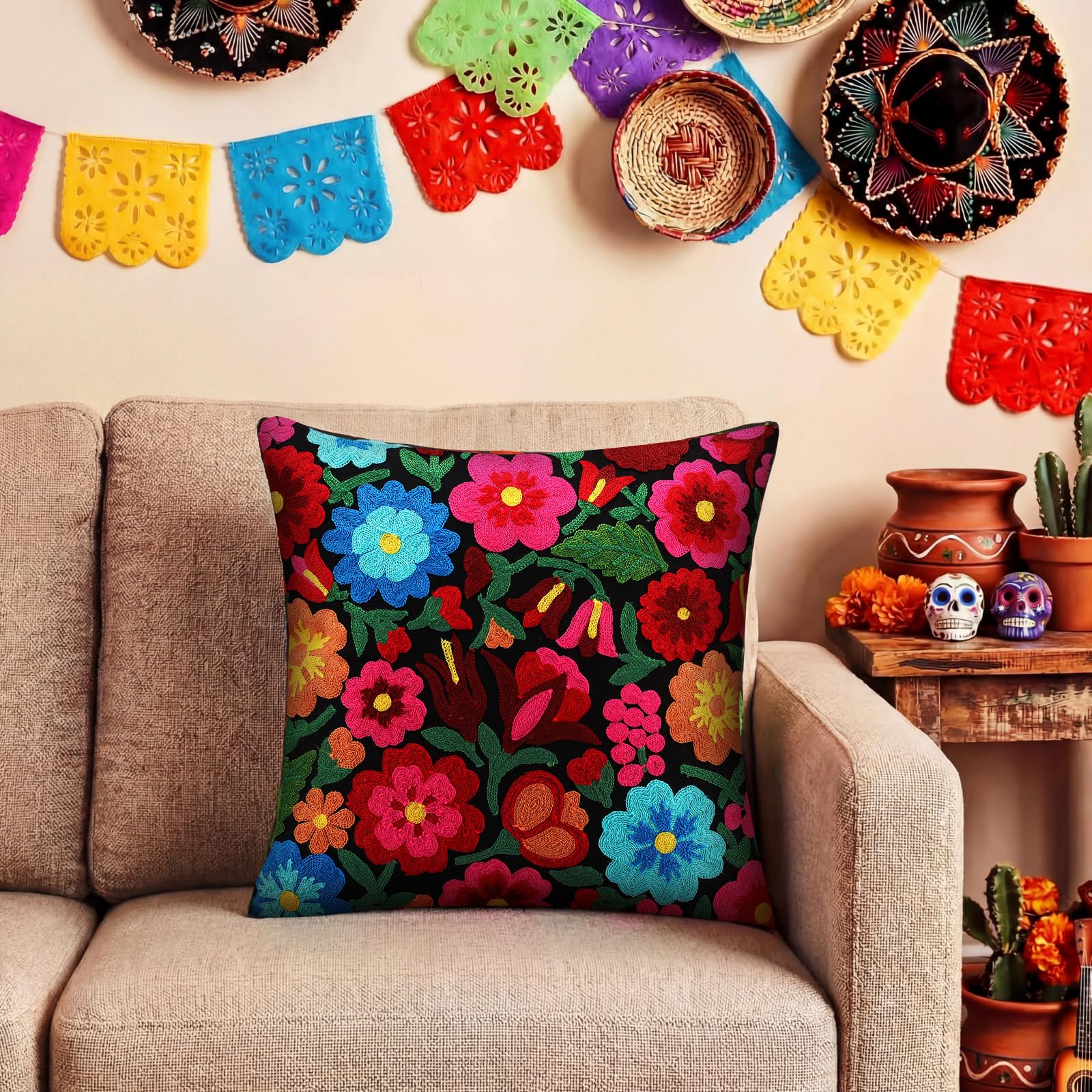HunnmingRe Mexican Embroidered Throw Pillow with Insert 18 x 18 Inch Mexican Boho Embroidered Pillow Cover Decorative Fiesta Colorful Floral Cushion Decor for Sofa Living Room Couch Bedroom(White)