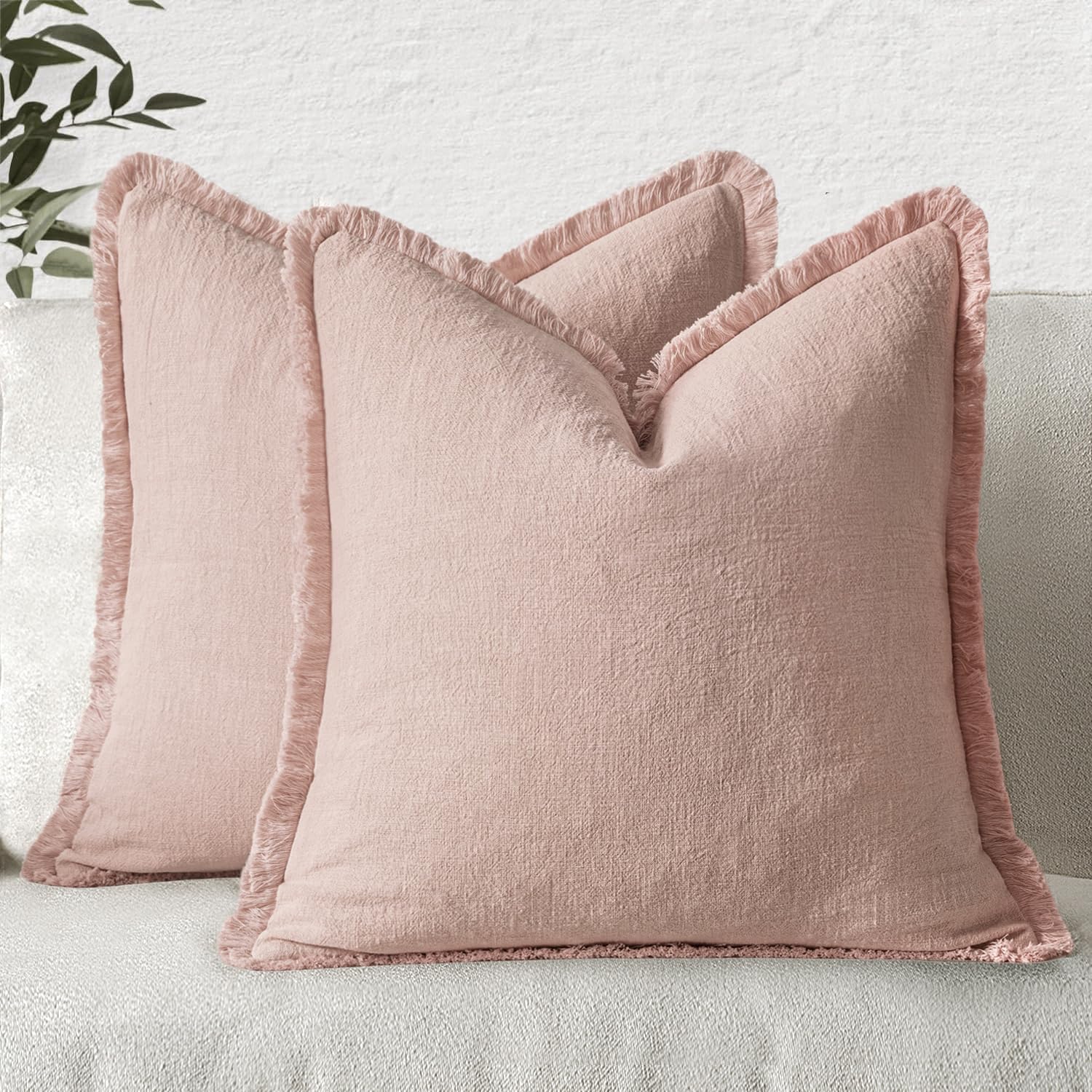 MIULEE Decorative Throw Pillow Covers Neutral Linen Fringe Throw Pillows Set of 2 Natural Beige Boho Farmhouse Cushion Covers with Tassels for Couch Sofa Bed Spring Home Decor 20x20 Inch