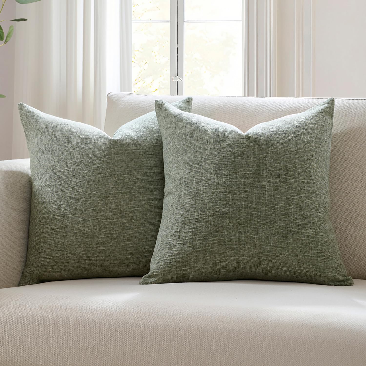 Meekio Set of 2 Ivory Throw Pillow Covers 22x22, Modern Farmhouse Linen Blend Decorative Pillow Covers for Couch Sofa Bed, Neutral Home Decor