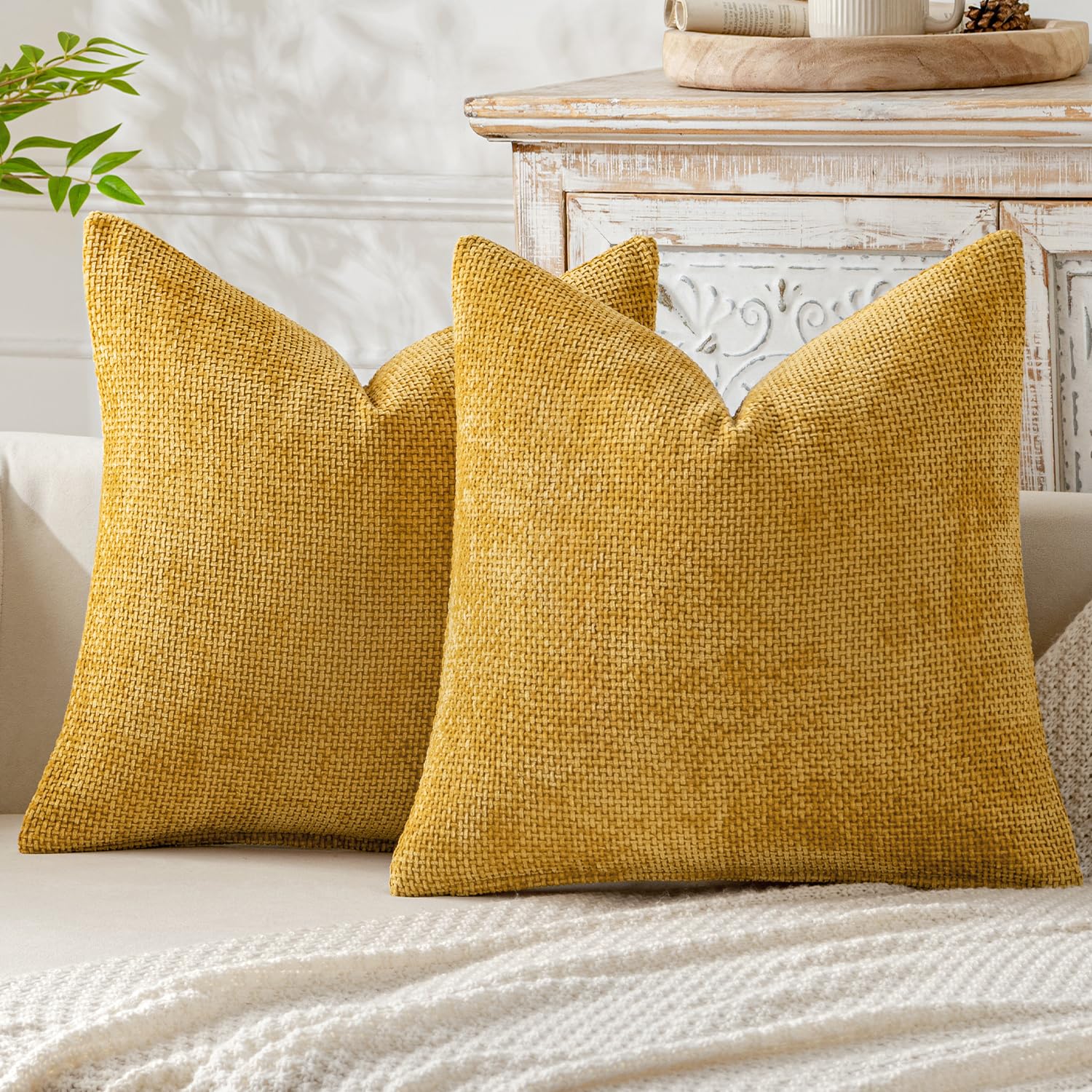 MIULEE Pack of 2 Couch Throw Pillow Covers 18x18 Inch Neutral Beige Modern Boho Accent Decorative Pillow Covers Soft Chenille Farmhouse Cushion Covers for Home Decor Bed Sofa Living Room
