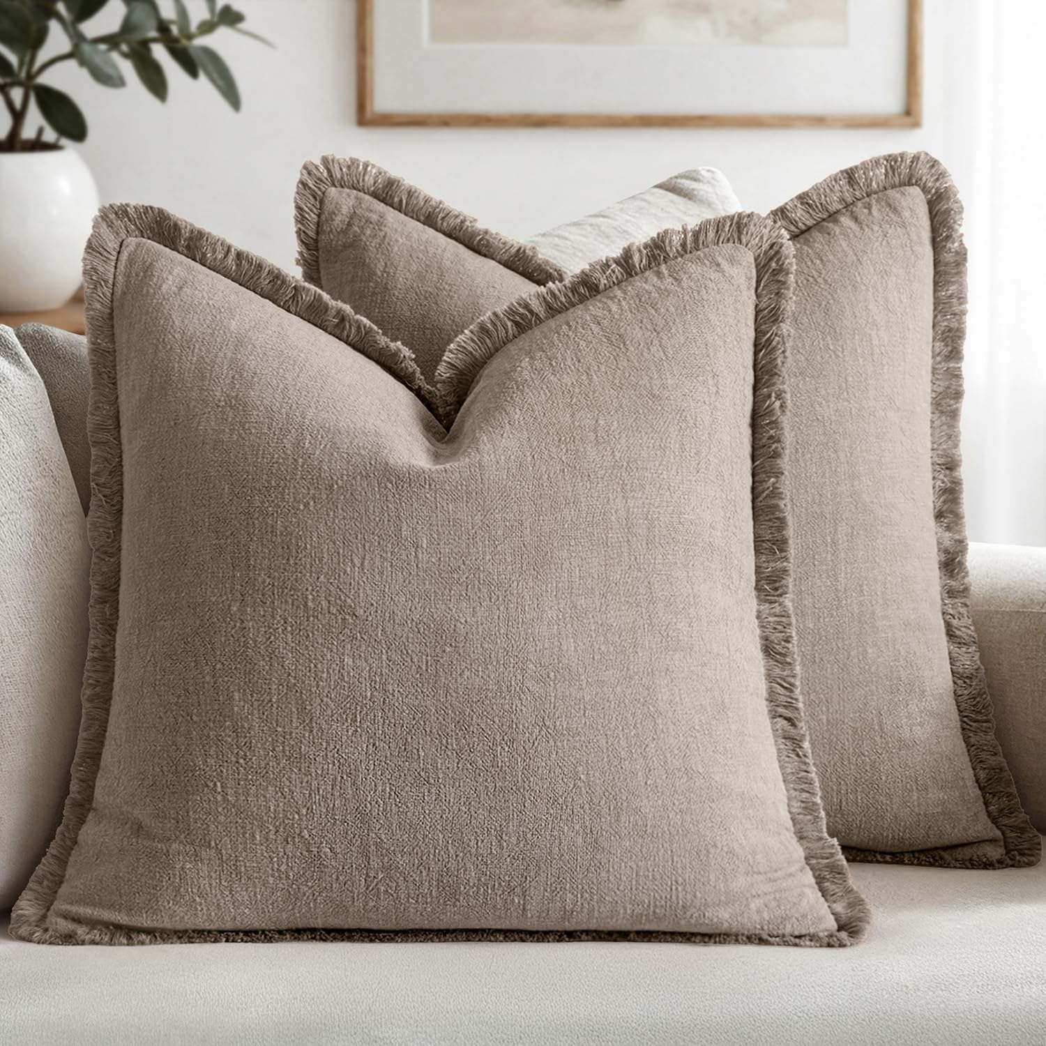 MIULEE Decorative Throw Pillow Covers Neutral Linen Fringe Throw Pillows Set of 2 Natural Beige Boho Farmhouse Cushion Covers with Tassels for Couch Sofa Bed Spring Home Decor 20x20 Inch