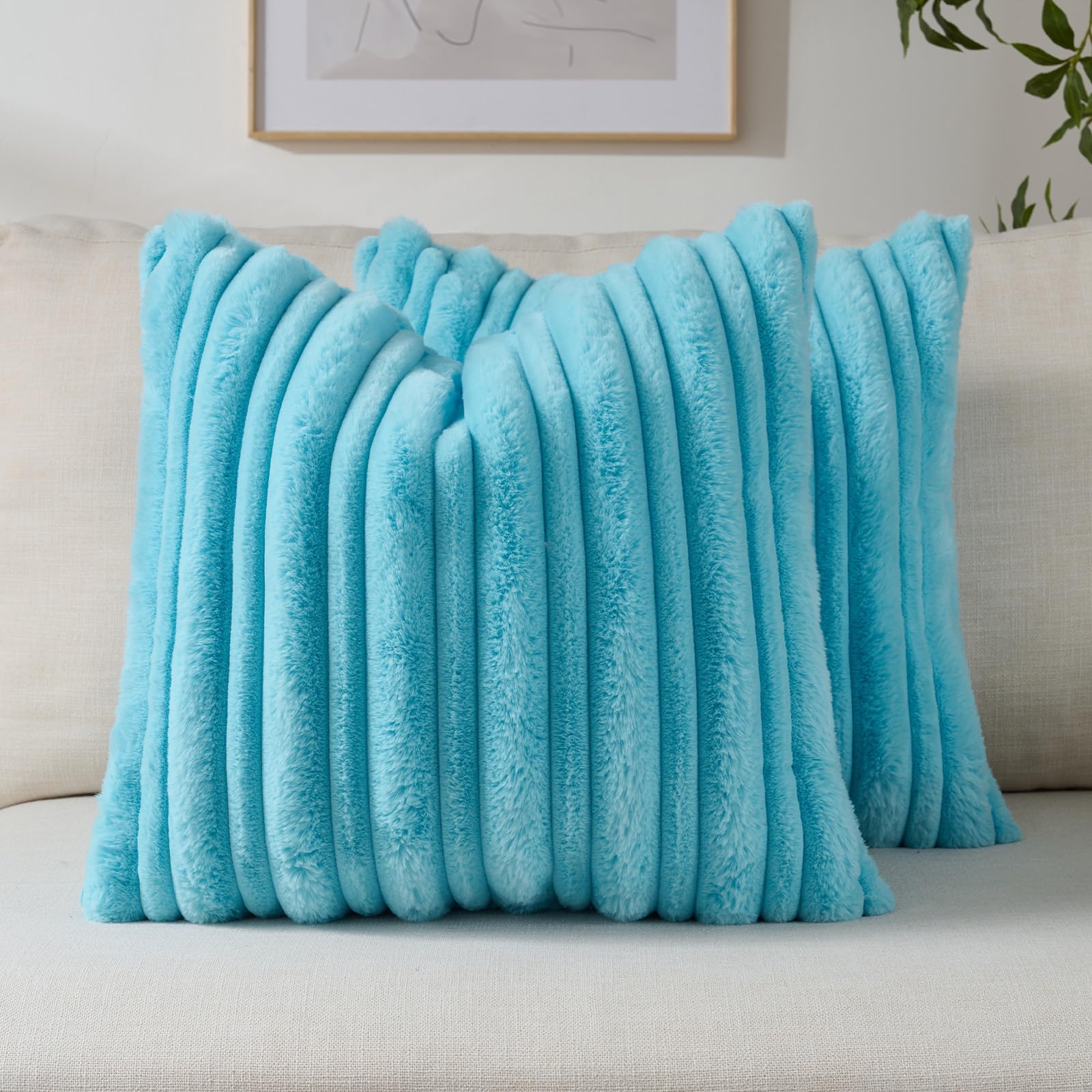 FUTEI Camel Decorative Throw Pillow Covers 18x18 Inch Set of 2,Soft Fluffy Faux Rabbit Fur Thick & Thin Striped Textured Cushion Case,Modern Home Decor for Couch Bed Living Room