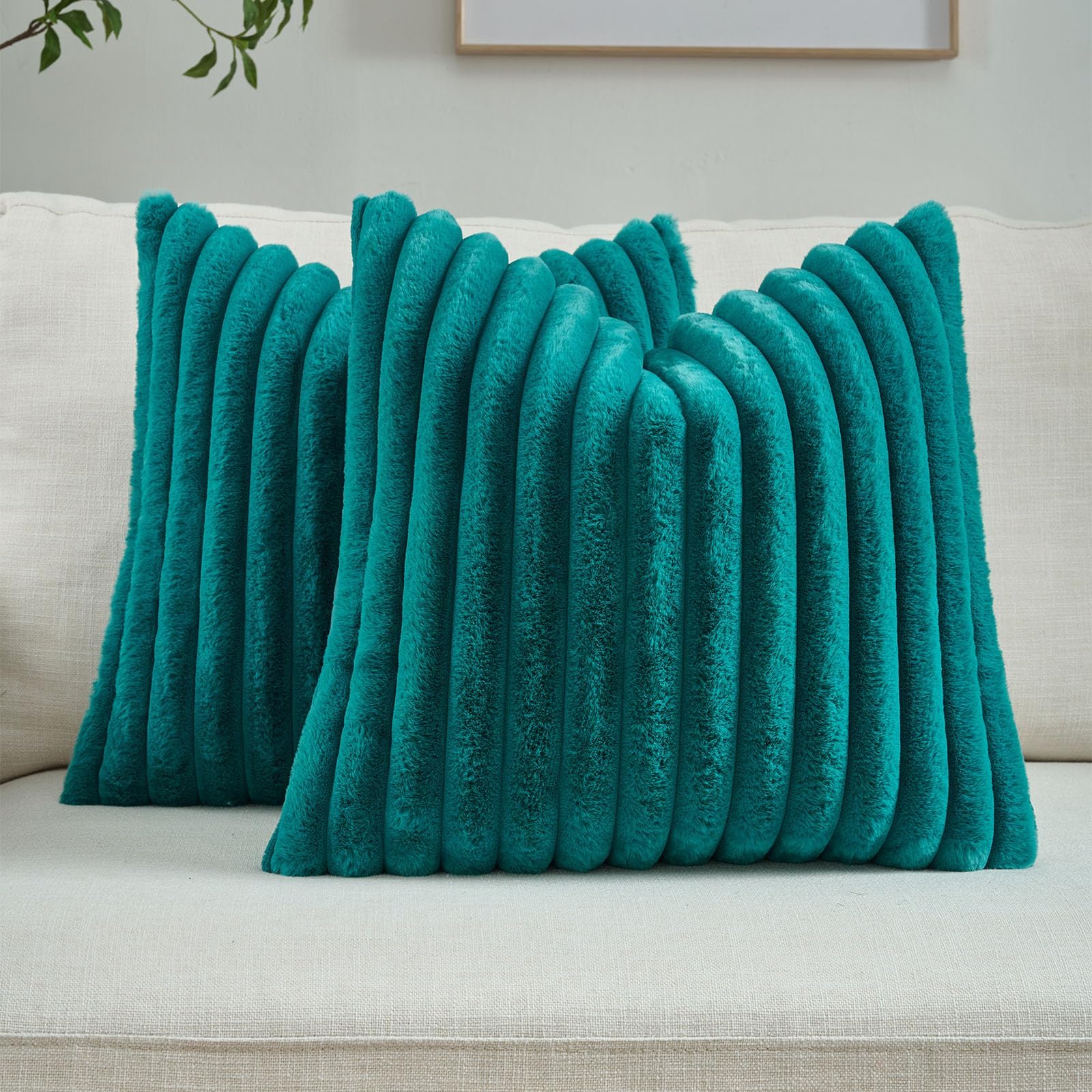 FUTEI Pack of 2 Solid Faux Fur Plush Throw Pillow Covers 18x18 Inch Soft Fluffy Striped Decorative Cushion Cases Modern Farmhouse Accent for Couch Bed Living Room, Cream White