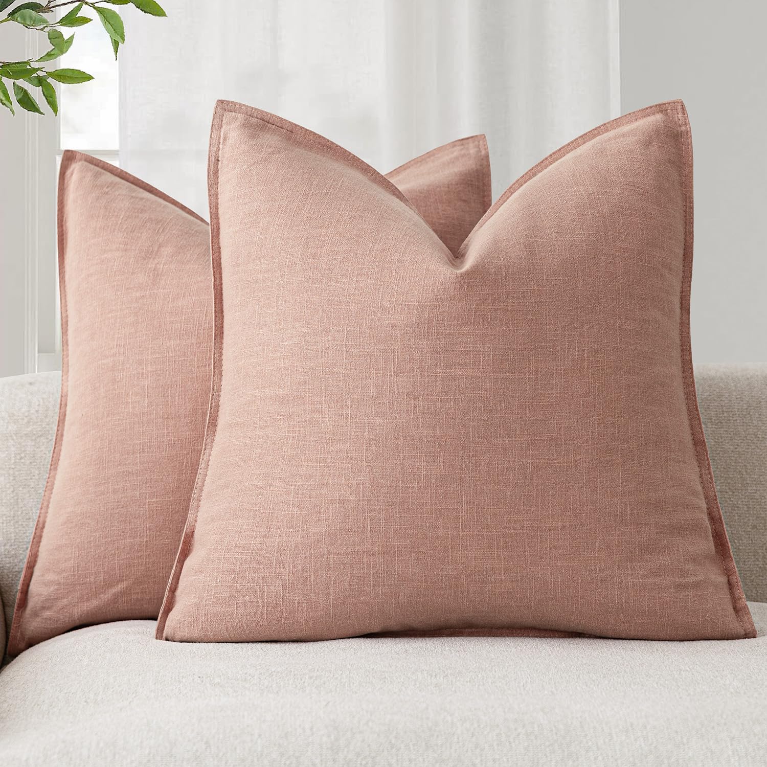 Foindtower Set of 2, Decorative Linen Soild Throw Pillow Covers Soft Accent Cushion Euro Case Boho Farmhouse Pillowcase for Chair Couch Sofa Bedroom Living Room Home Decor 20 x 20 Inch Natural Linen