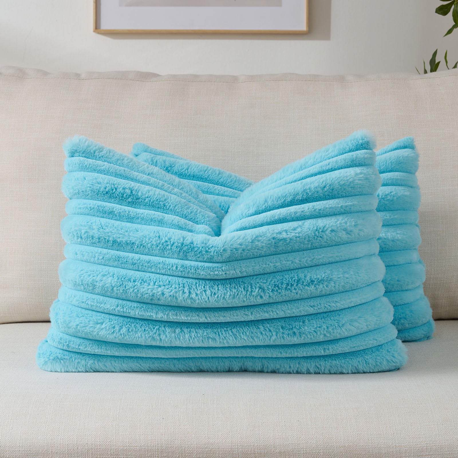 FUTEI Camel Decorative Throw Pillow Covers 18x18 Inch Set of 2,Soft Fluffy Faux Rabbit Fur Thick & Thin Striped Textured Cushion Case,Modern Home Decor for Couch Bed Living Room