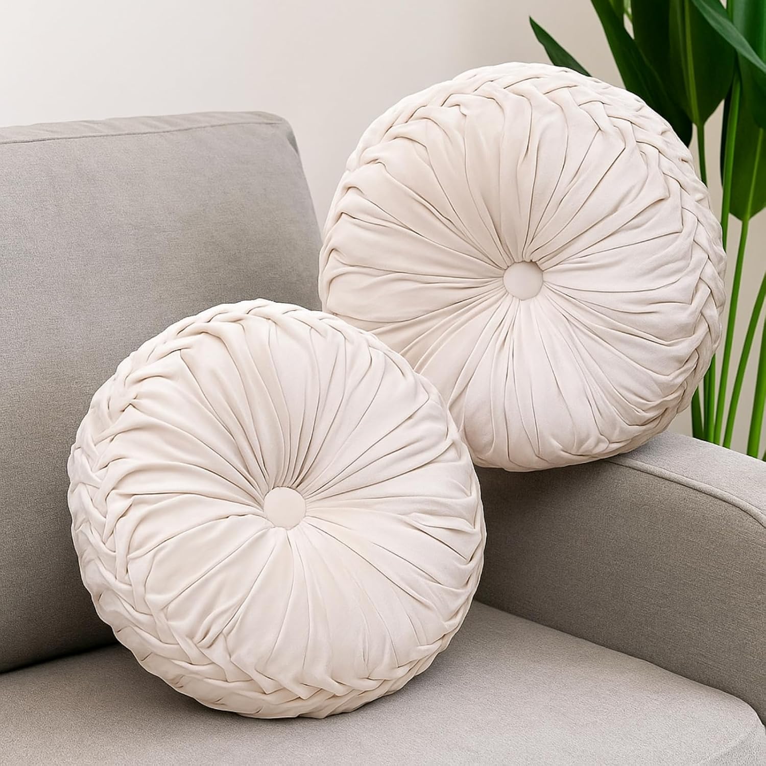 Beeveer 2 Pcs Round Throw Pillows 15 Inch Decorative Velvet Pleated Pumpkin Pillows Boho Floor Pillow with Center Button for Living Room Couch Chair Bed Sofa Home Decoration (Ivory)