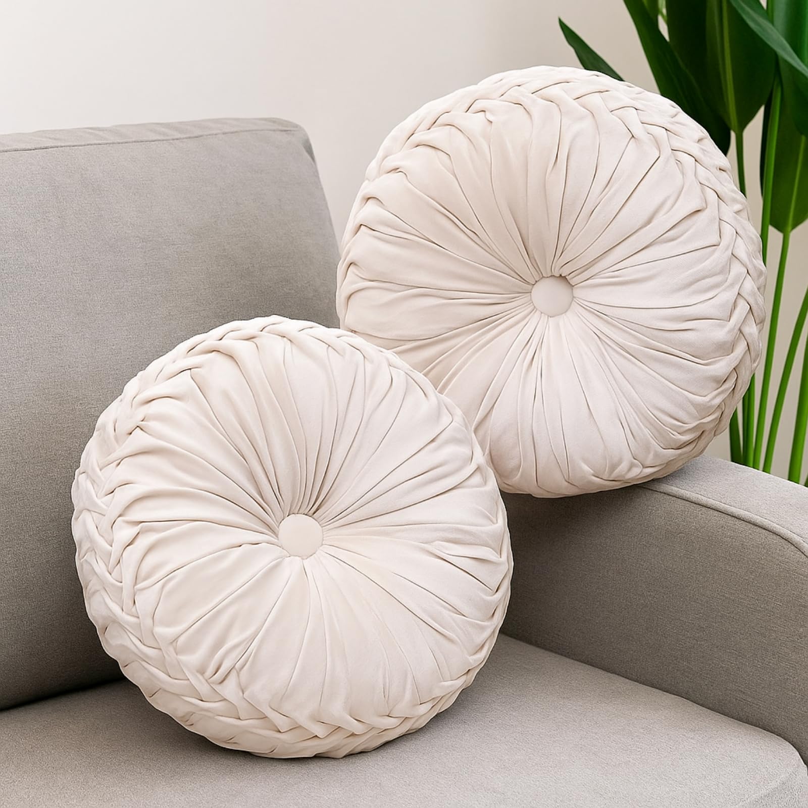 Beeveer 2 Pcs Round Throw Pillows 15 Inch Decorative Velvet Pleated Pumpkin Pillows Boho Floor Pillow with Center Button for Living Room Couch Chair Bed Sofa Home Decoration (Ivory)