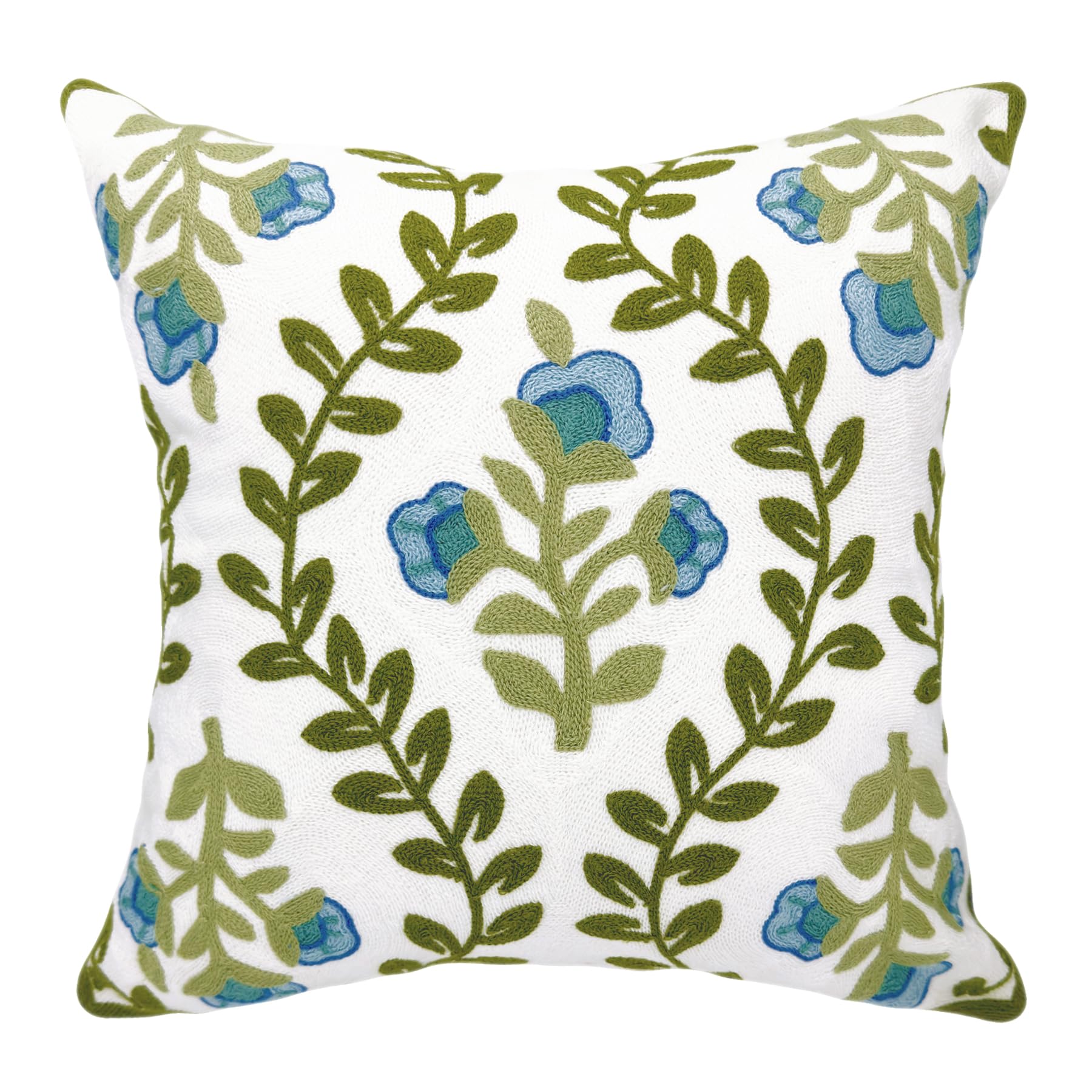 Alysheer Summer Floral Embroidered Decorative Throw Pillow Cover 12"x 20", Farmhouse Blue Flowers Green Leaves Patterned Cotton Canvas Lumbar Cushion Case for Sofa Couch Living Room Cottage Decor