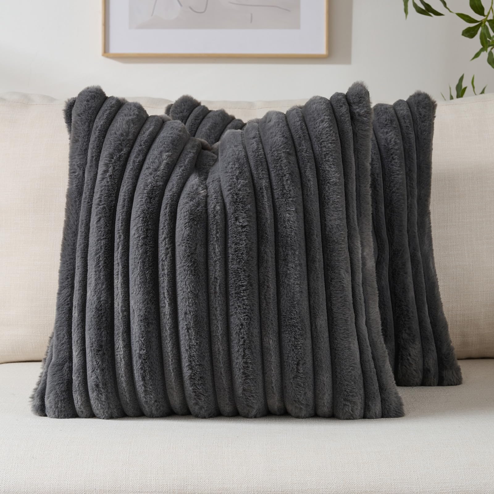 FUTEI Camel Decorative Throw Pillow Covers 18x18 Inch Set of 2,Soft Fluffy Faux Rabbit Fur Thick & Thin Striped Textured Cushion Case,Modern Home Decor for Couch Bed Living Room