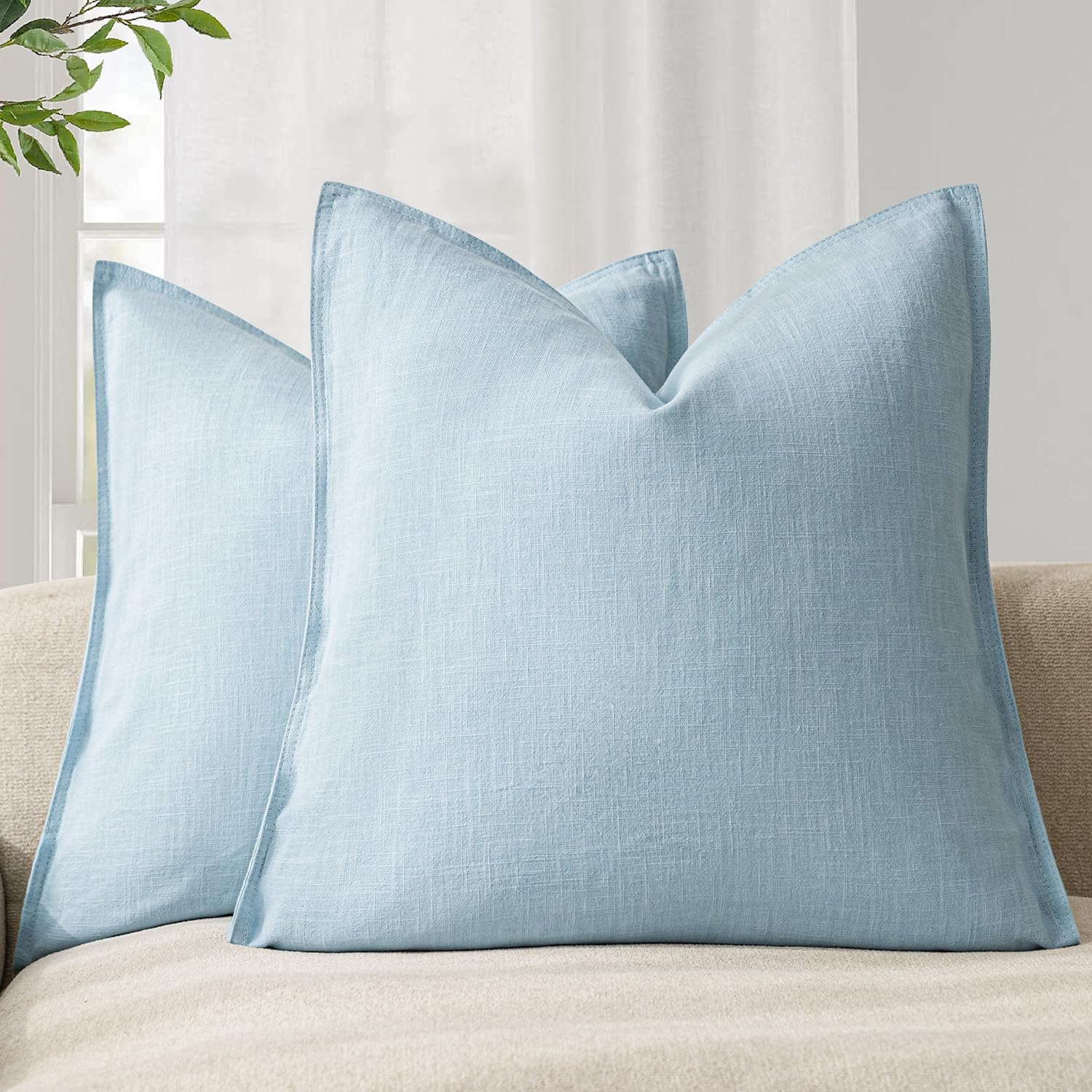 Foindtower Set of 2, Decorative Linen Soild Throw Pillow Covers Soft Accent Cushion Euro Case Boho Farmhouse Pillowcase for Chair Couch Sofa Bedroom Living Room Home Decor 20 x 20 Inch Natural Linen